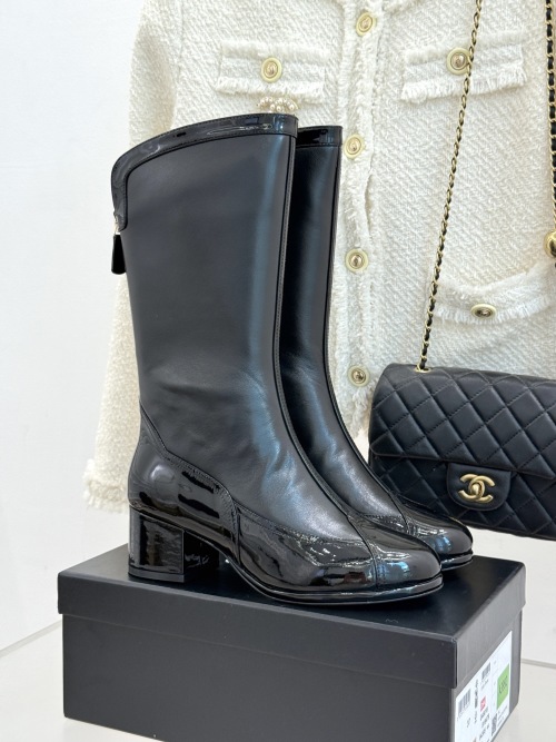Chanel Women's Black Leather Block Heel Knee High Boots, Size 35-41