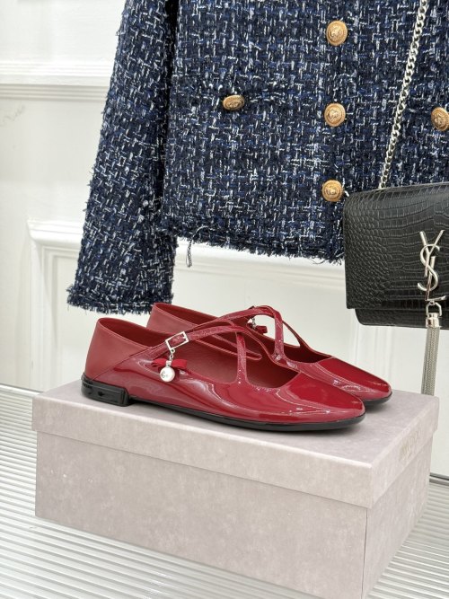 Jimmy Choo Red Patent Leather Mary Jane Flats with Pearl Embellishment
