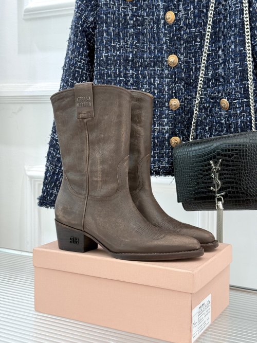 Miu Miu Women's Western-Style Ankle Boots, Brown Leather, Block Heel 1 Miu Miu Women's Western-Style Ankle Boots, Brown Leather, Block Heel