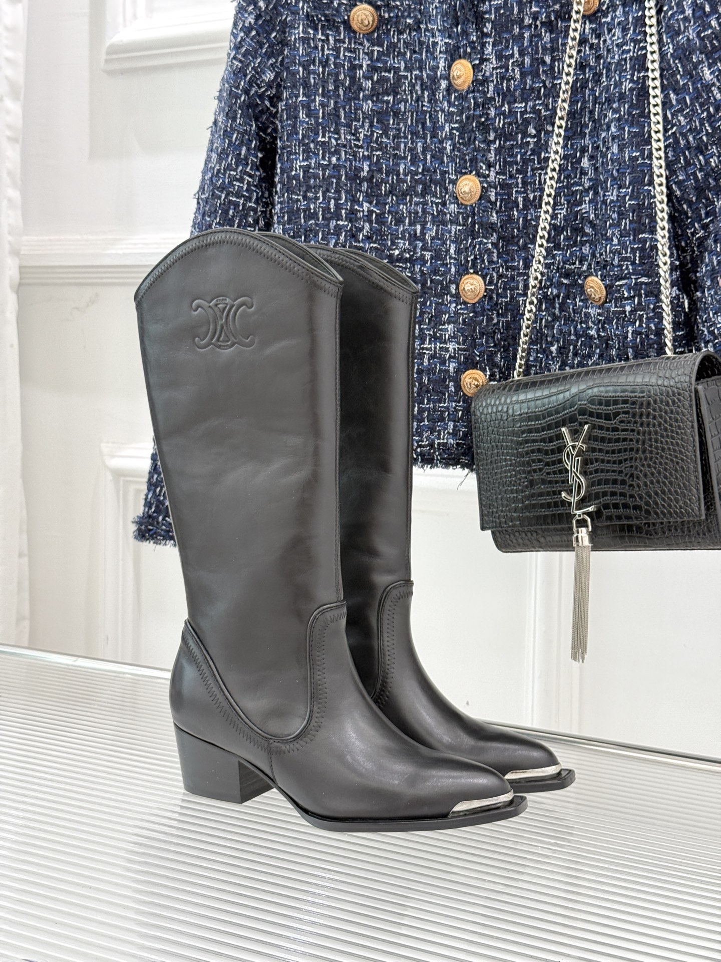 Celine Women's Western Boots with Triomphe Emblem and Metal Toe Detail