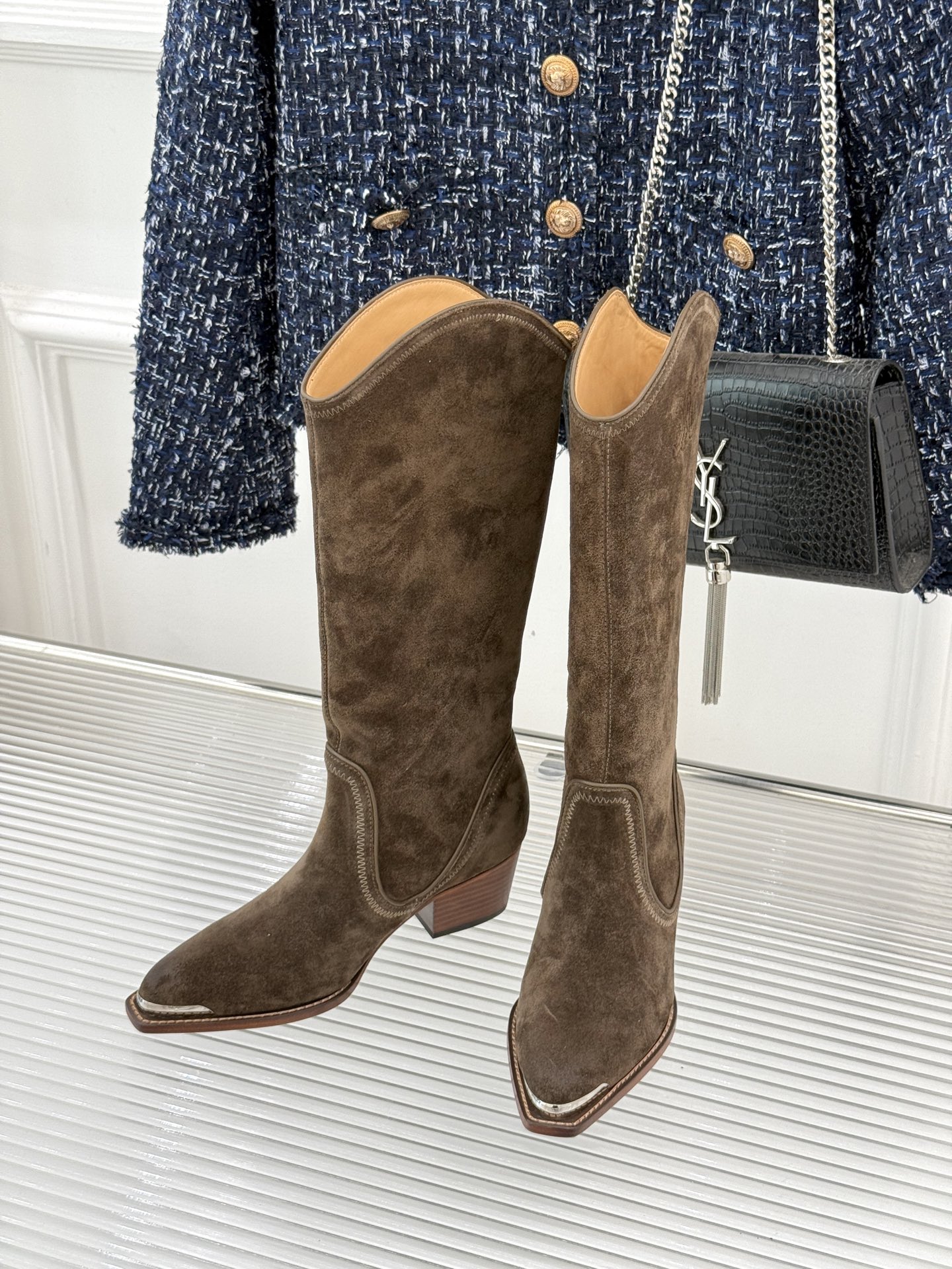 Celine Women's Brown Suede Western Boots with Metal Toe and Block Heel 3 i1757005082444 3943 0 1