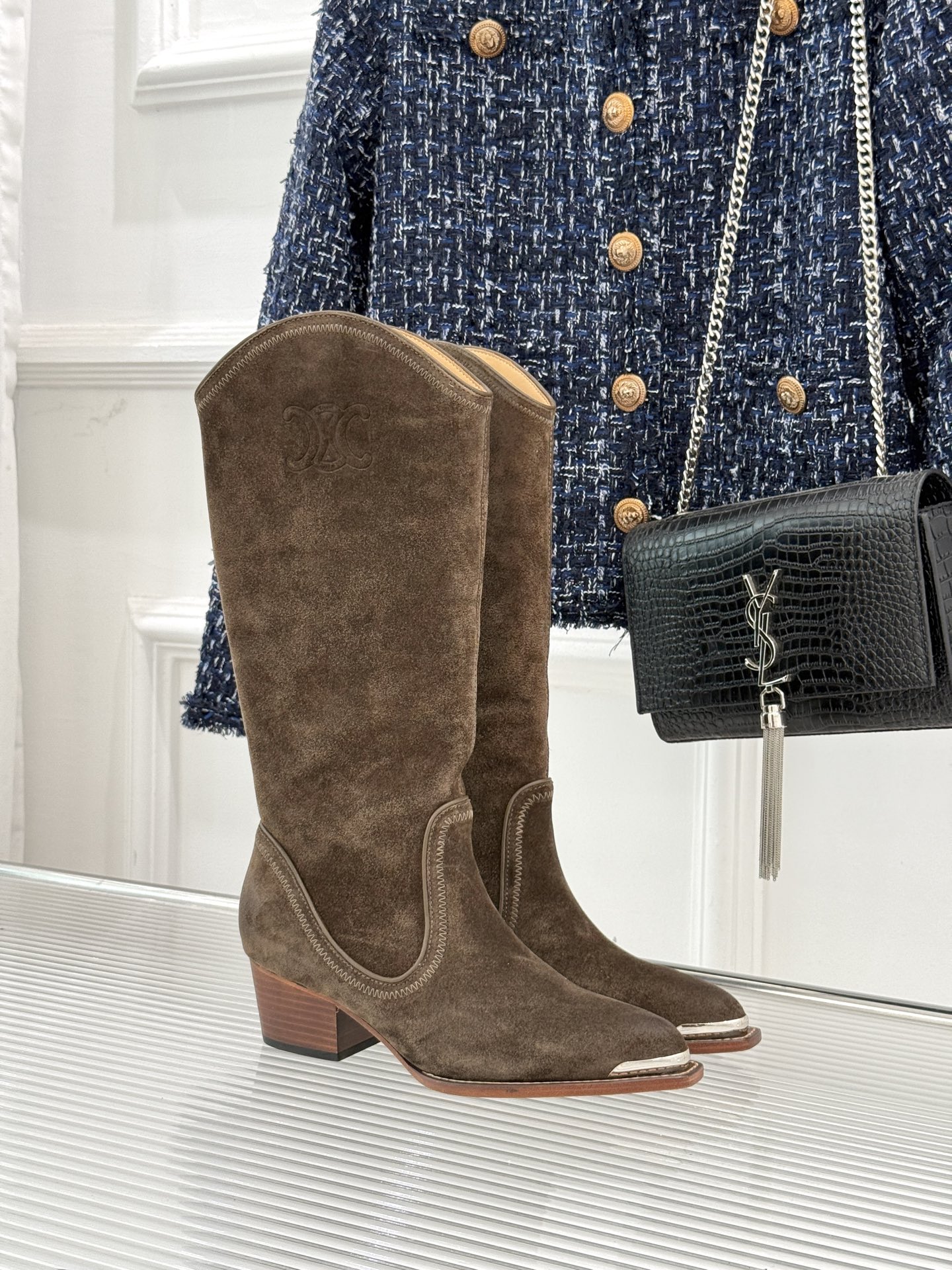 Celine Women's Brown Suede Western Boots with Metal Toe and Block Heel 2 i1757005082521 6881 0 0