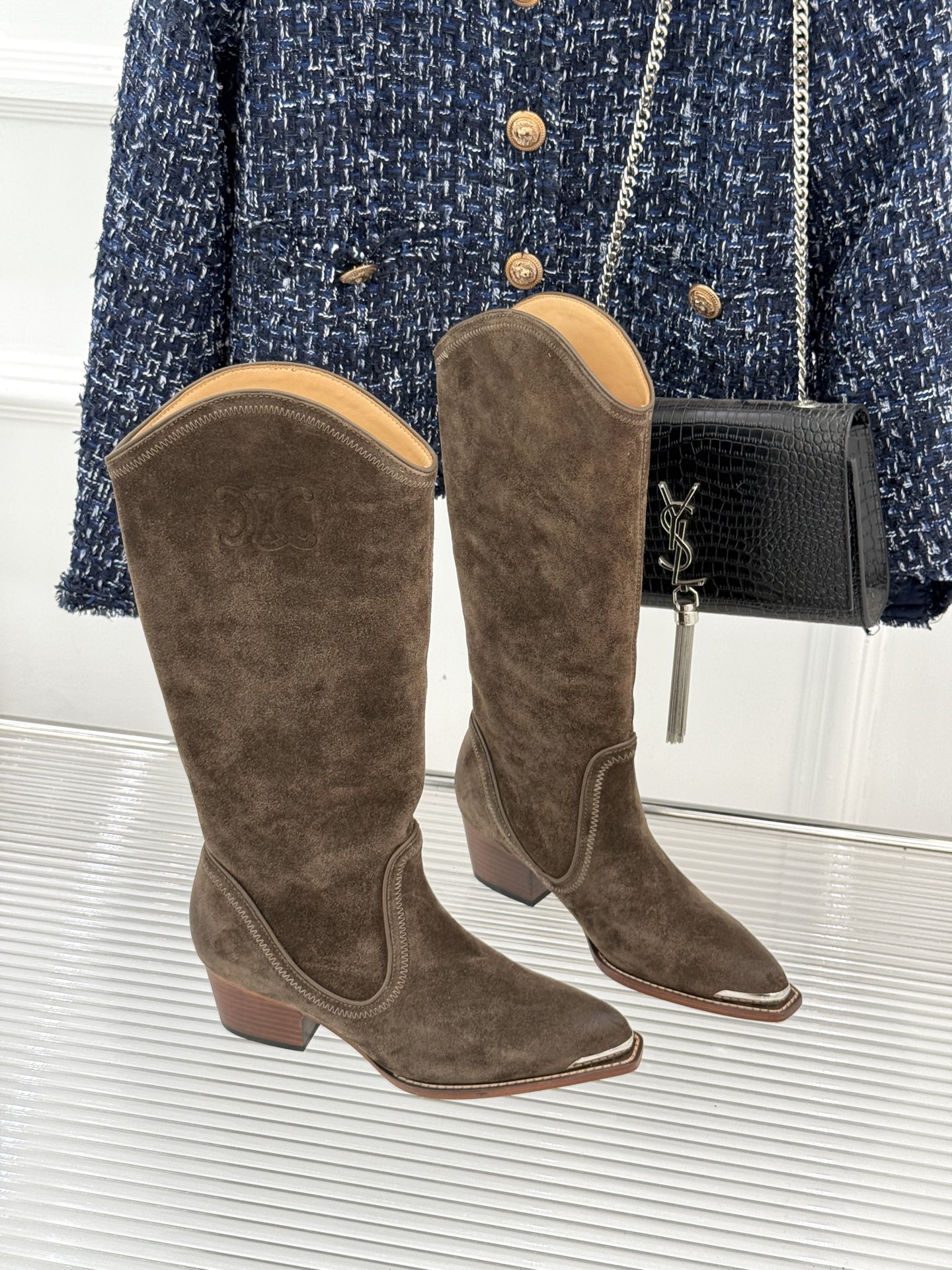 Celine Women's Brown Suede Western Boots with Metal Toe and Block Heel 4 i1757005083654 3729 0 2