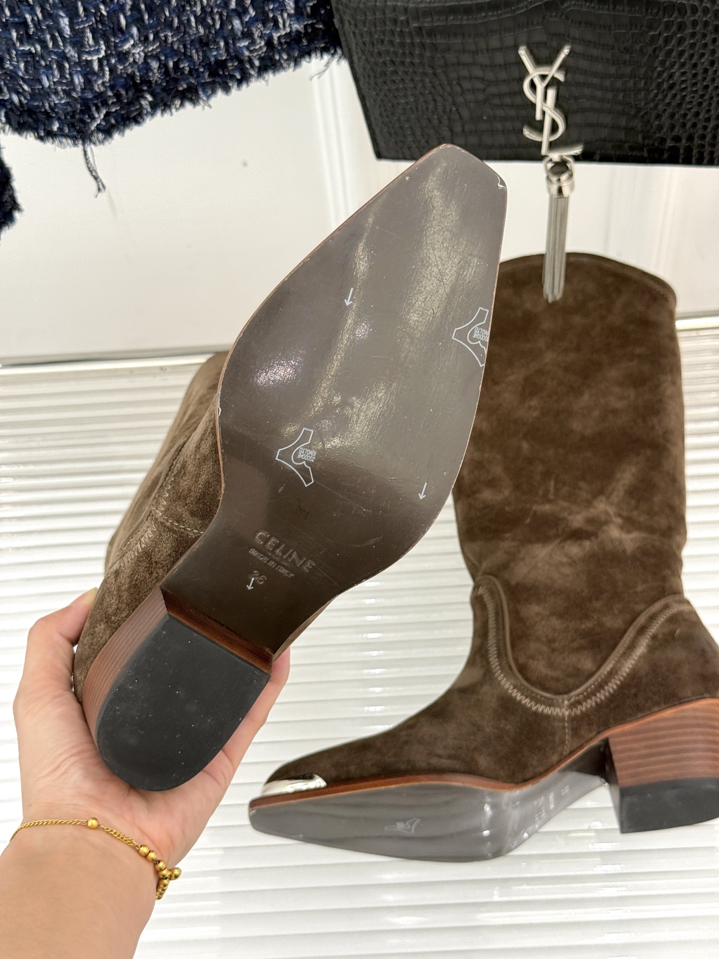 Celine Women's Brown Suede Western Boots with Metal Toe and Block Heel 10 i1757005083665 8499 0 8