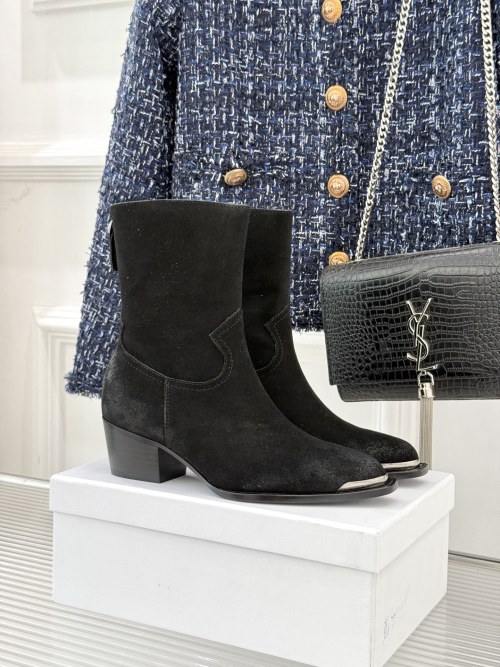 Celine Western Ankle Boots, Retro Metal Toe, Stacked Heel, Suede Leather 1 Celine Western Ankle Boots, Retro Metal Toe, Stacked Heel, Suede Leather