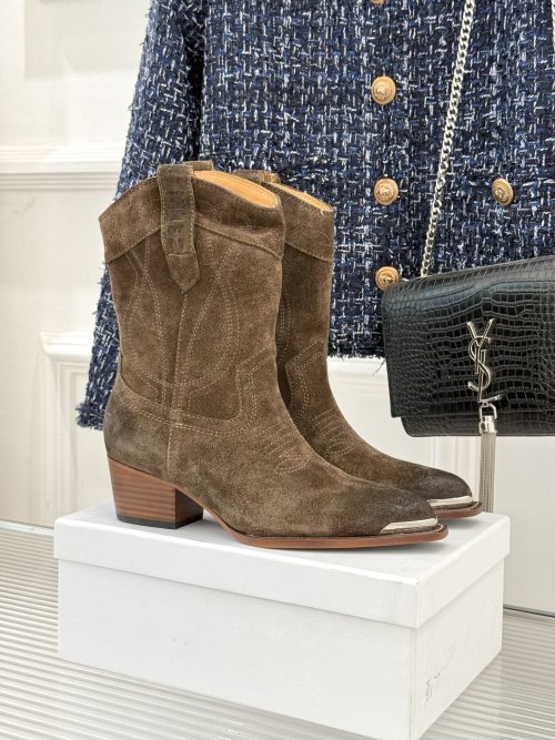 Women's Western Ankle Boots with Metal Toe Accent, Suede Leather 1 Women's Western Ankle Boots with Metal Toe Accent, Suede Leather