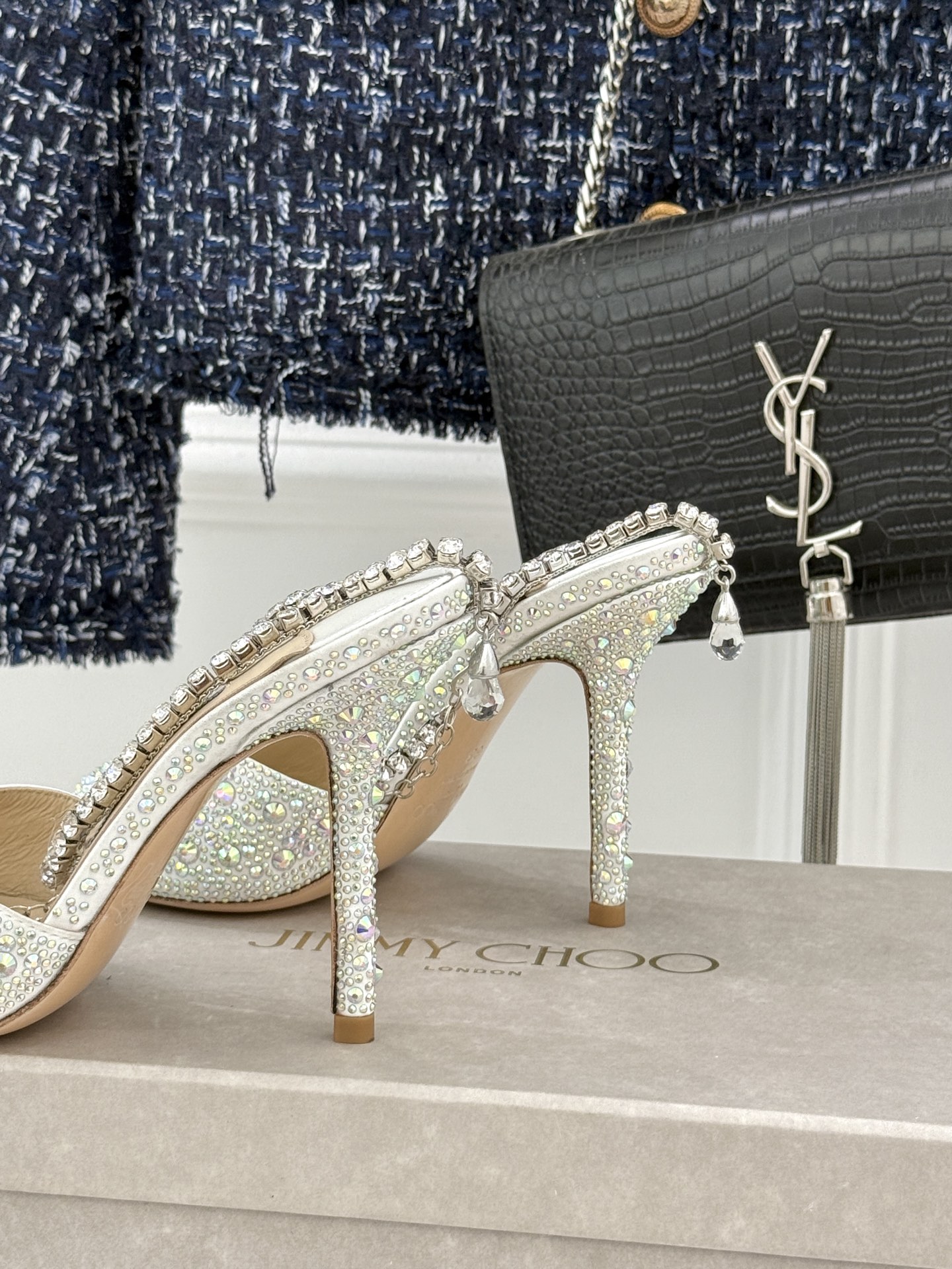 Jimmy Choo/吉米周经典钻石链条方头水晶鱼嘴高跟凉鞋超绝的水晶鞋 美到移不开视线鞋型做的非常秀气