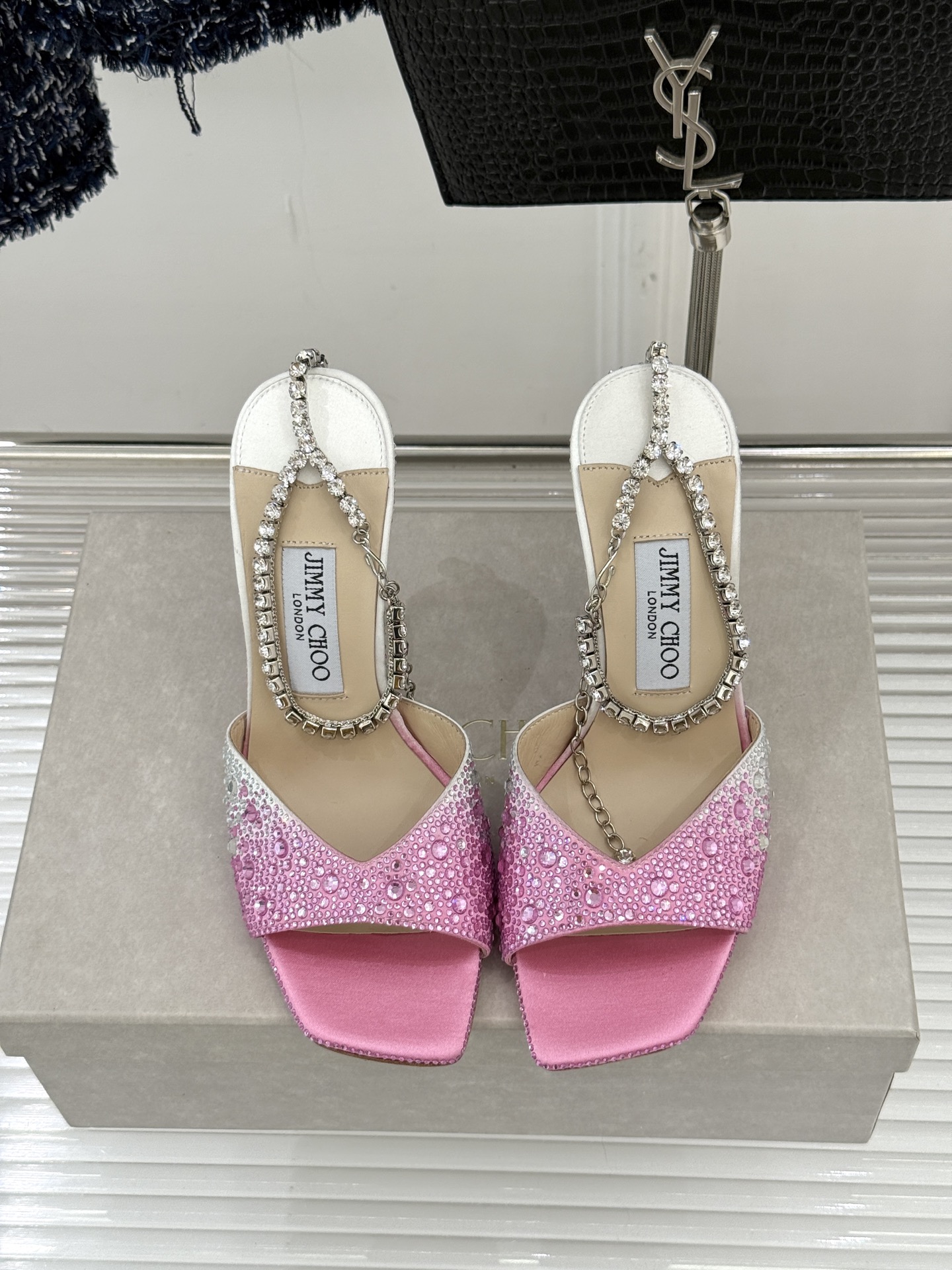 Jimmy Choo/吉米周经典钻石链条方头水晶鱼嘴高跟凉鞋超绝的水晶鞋 美到移不开视线鞋型做的非常秀气