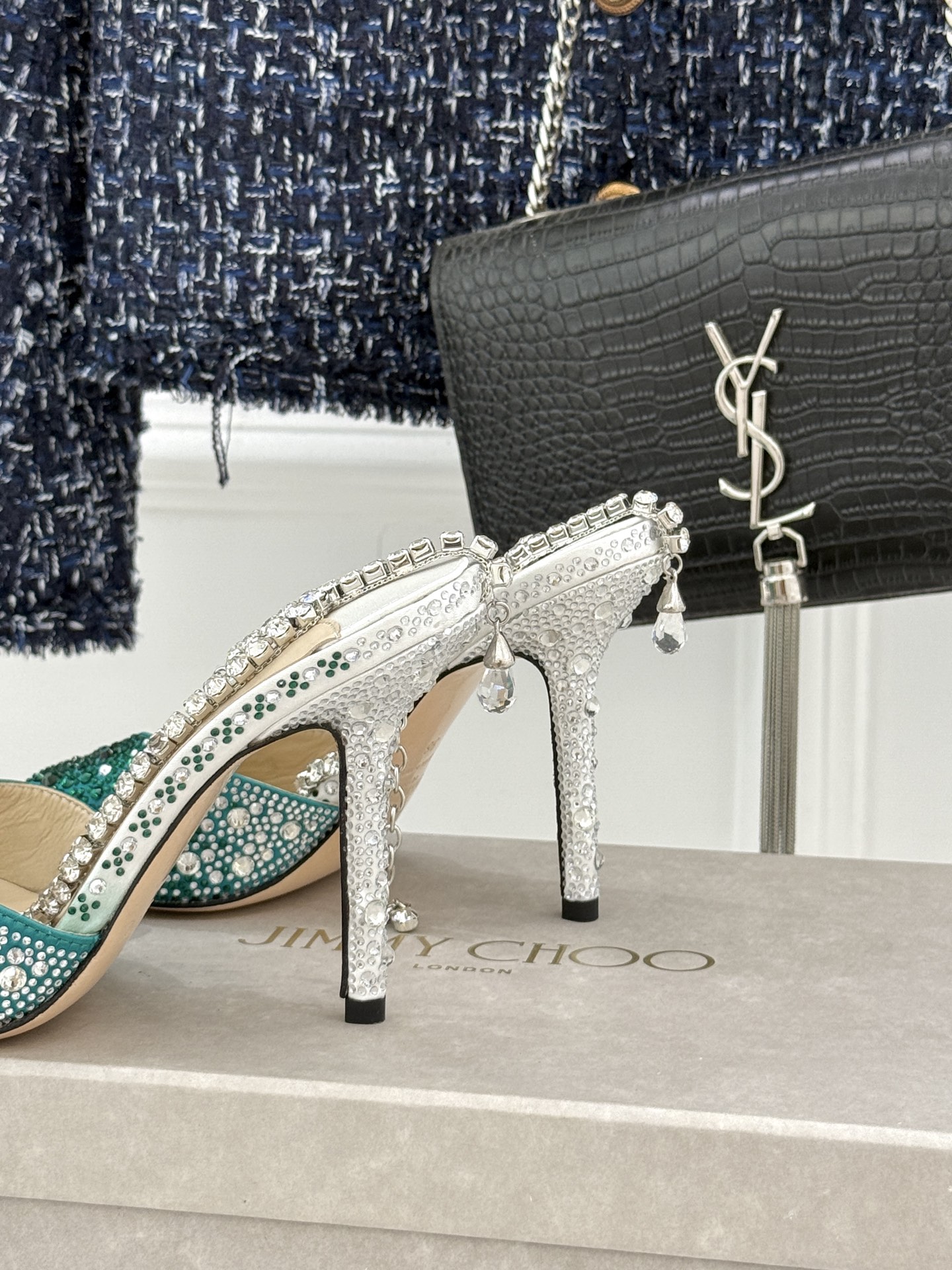 Jimmy Choo/吉米周经典钻石链条方头水晶鱼嘴高跟凉鞋超绝的水晶鞋 美到移不开视线鞋型做的非常秀气