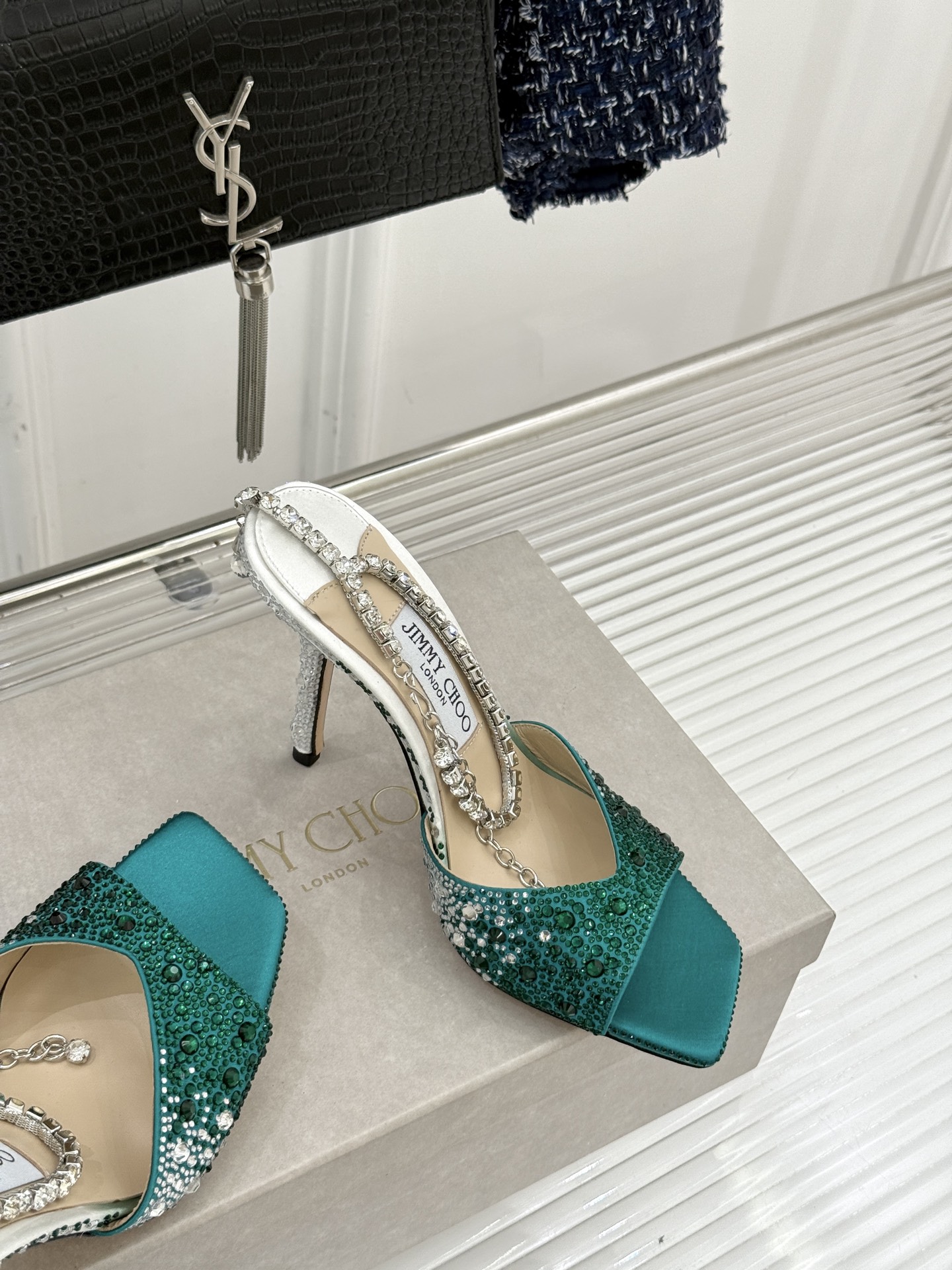 Jimmy Choo/吉米周经典钻石链条方头水晶鱼嘴高跟凉鞋超绝的水晶鞋 美到移不开视线鞋型做的非常秀气