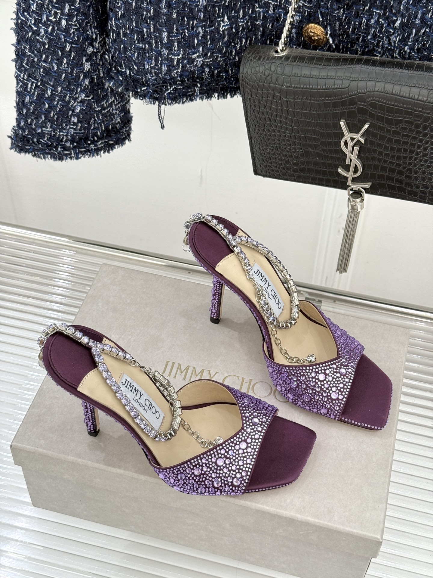 Jimmy Choo/吉米周经典钻石链条方头水晶鱼嘴高跟凉鞋超绝的水晶鞋 美到移不开视线鞋型做的非常秀气