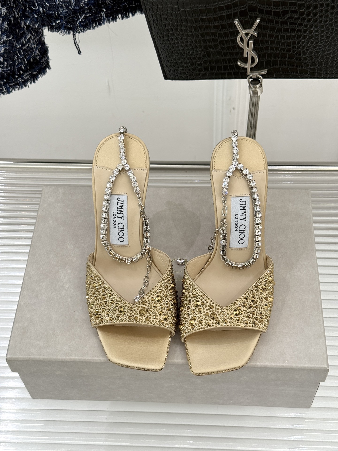 Jimmy Choo/吉米周经典钻石链条方头水晶鱼嘴高跟凉鞋超绝的水晶鞋 美到移不开视线鞋型做的非常秀气
