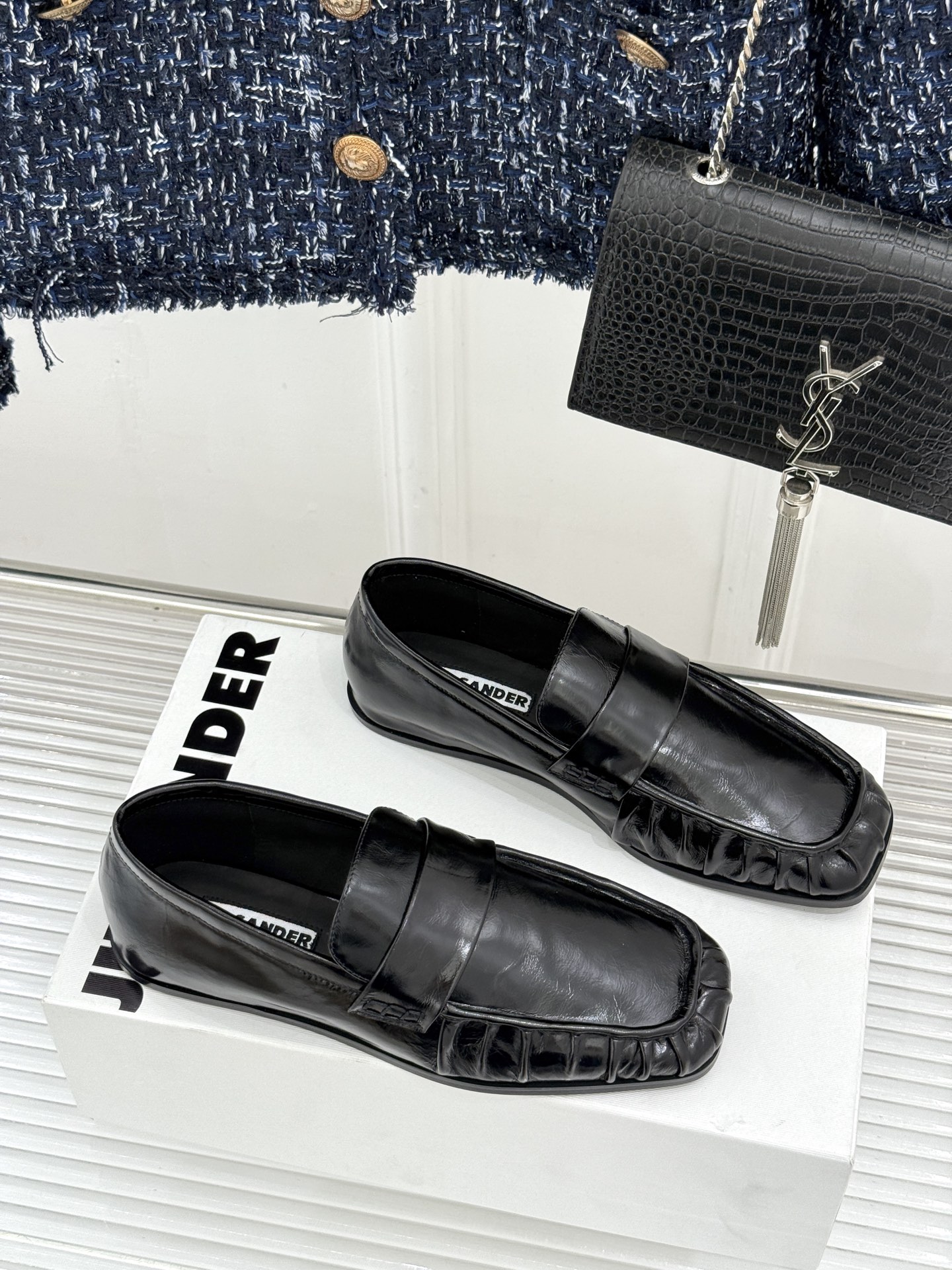 Jil Sander/吉尔桑达极 26WF新品老钱风方头复古褶皱一脚蹬乐福鞋老钱风方头褶皱乐福鞋复古褶皱
