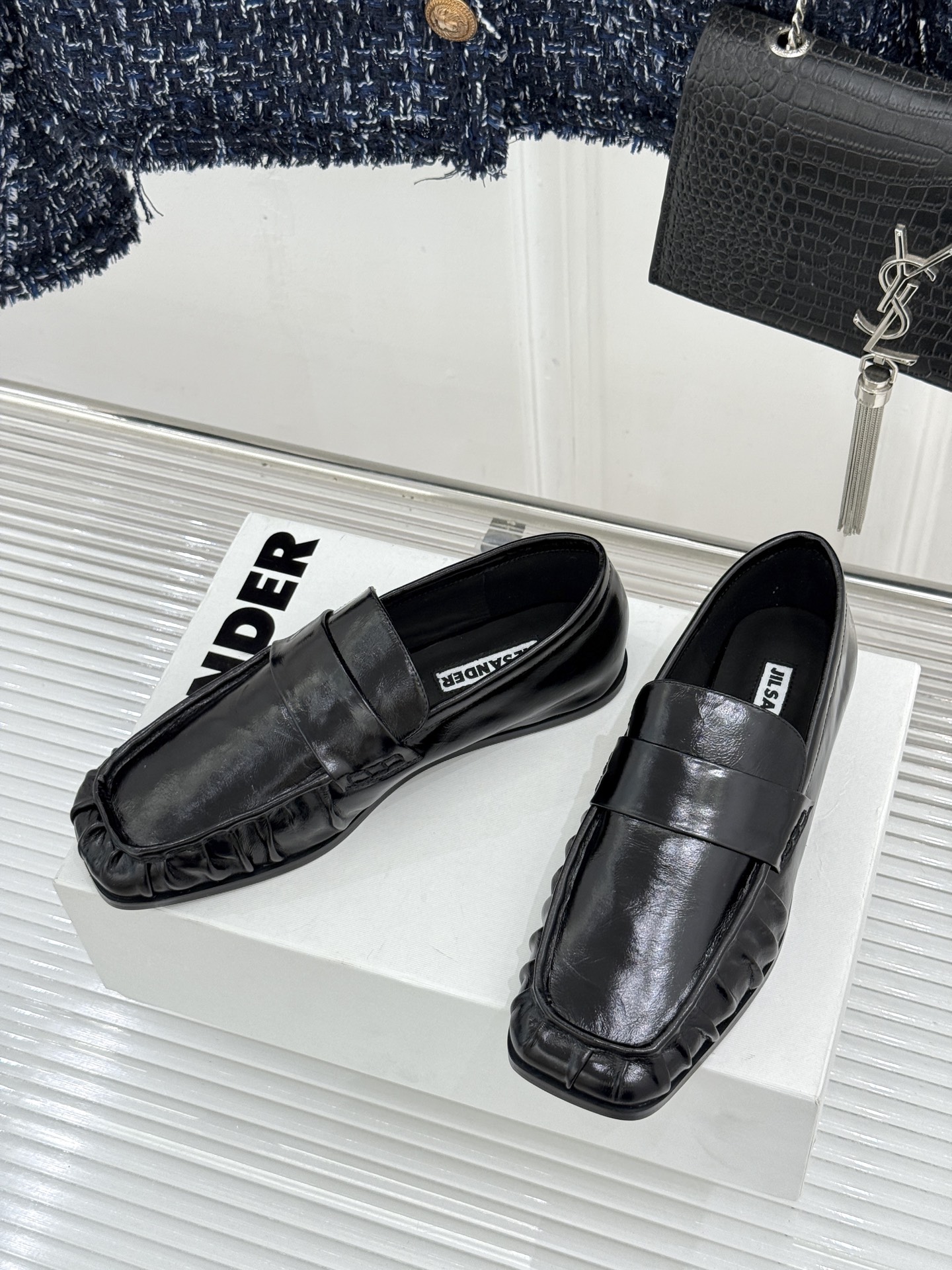 Jil Sander/吉尔桑达极 26WF新品老钱风方头复古褶皱一脚蹬乐福鞋老钱风方头褶皱乐福鞋复古褶皱