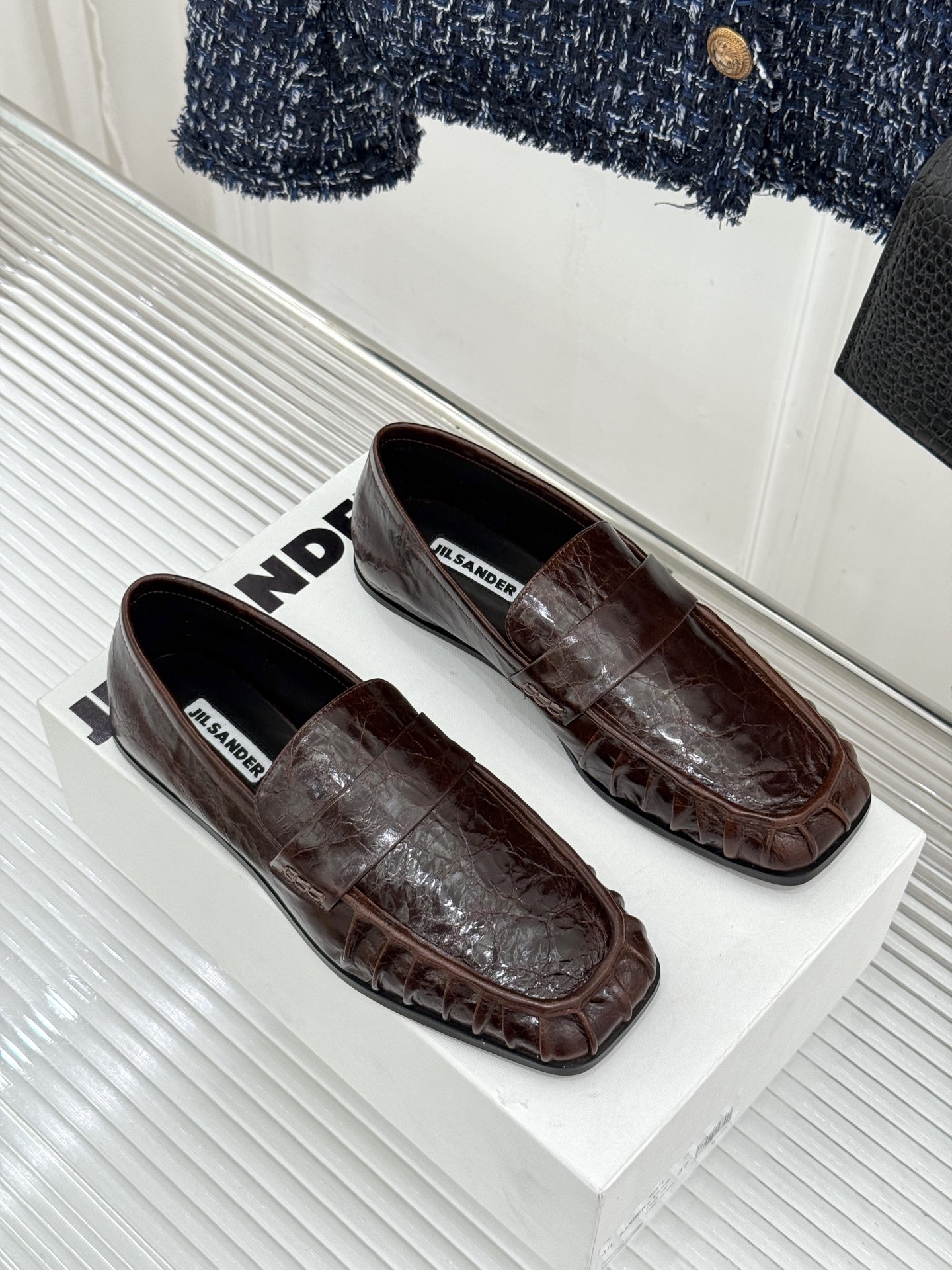 Jil Sander/吉尔桑达极 26WF新品老钱风方头复古褶皱一脚蹬乐福鞋老钱风方头褶皱乐福鞋复古褶皱