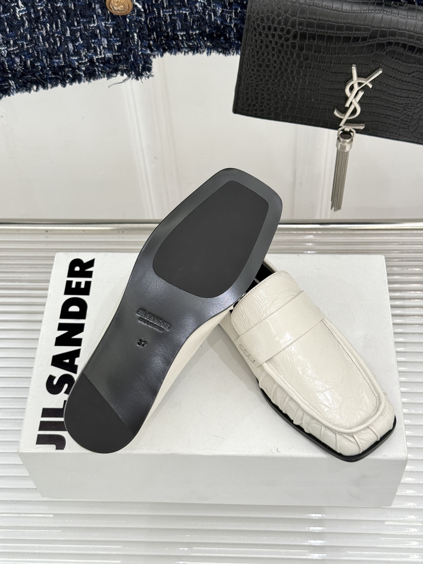 Jil Sander/吉尔桑达极 26WF新品老钱风方头复古褶皱一脚蹬乐福鞋老钱风方头褶皱乐福鞋复古褶皱