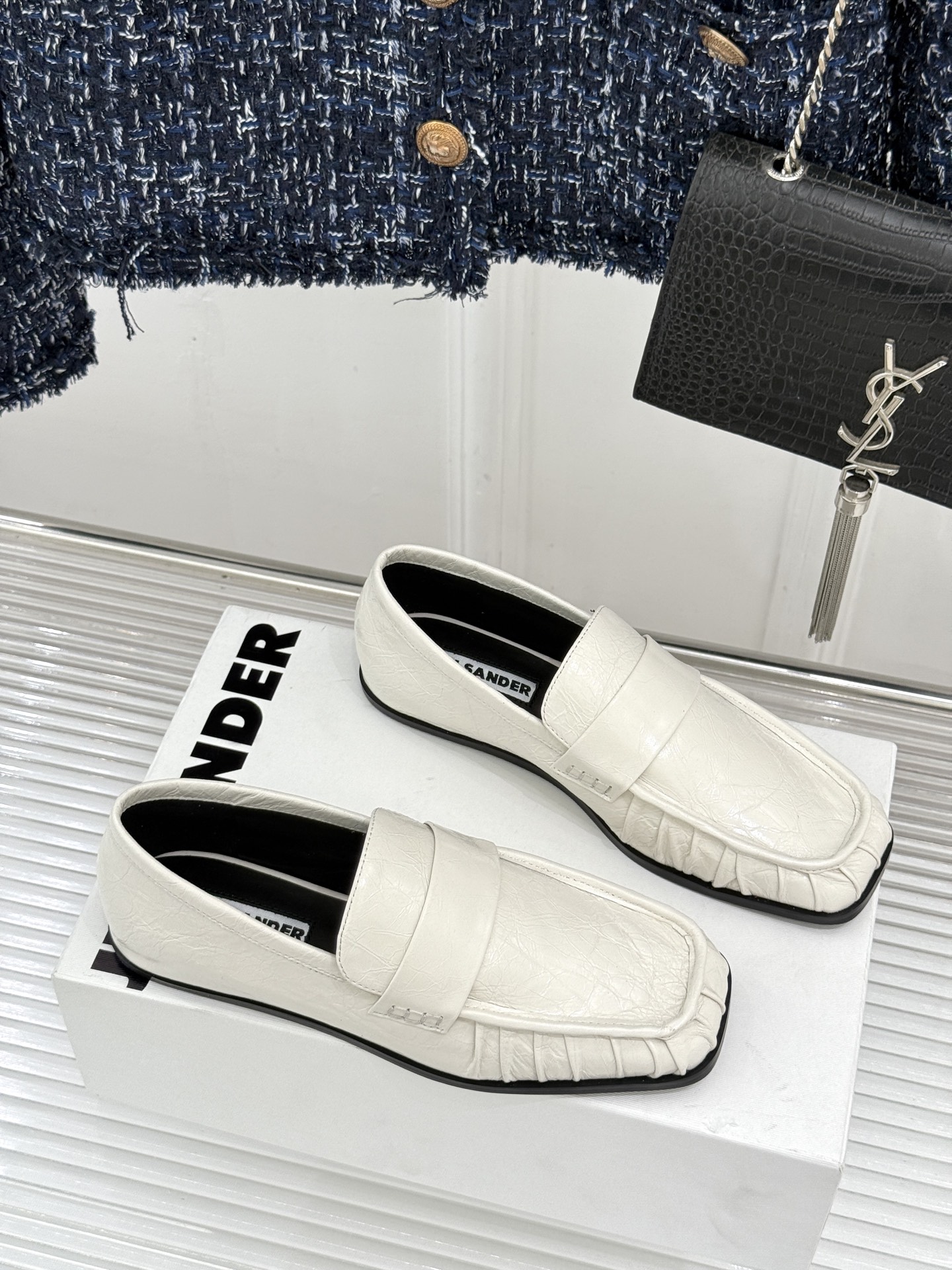 Jil Sander/吉尔桑达极 26WF新品老钱风方头复古褶皱一脚蹬乐福鞋老钱风方头褶皱乐福鞋复古褶皱