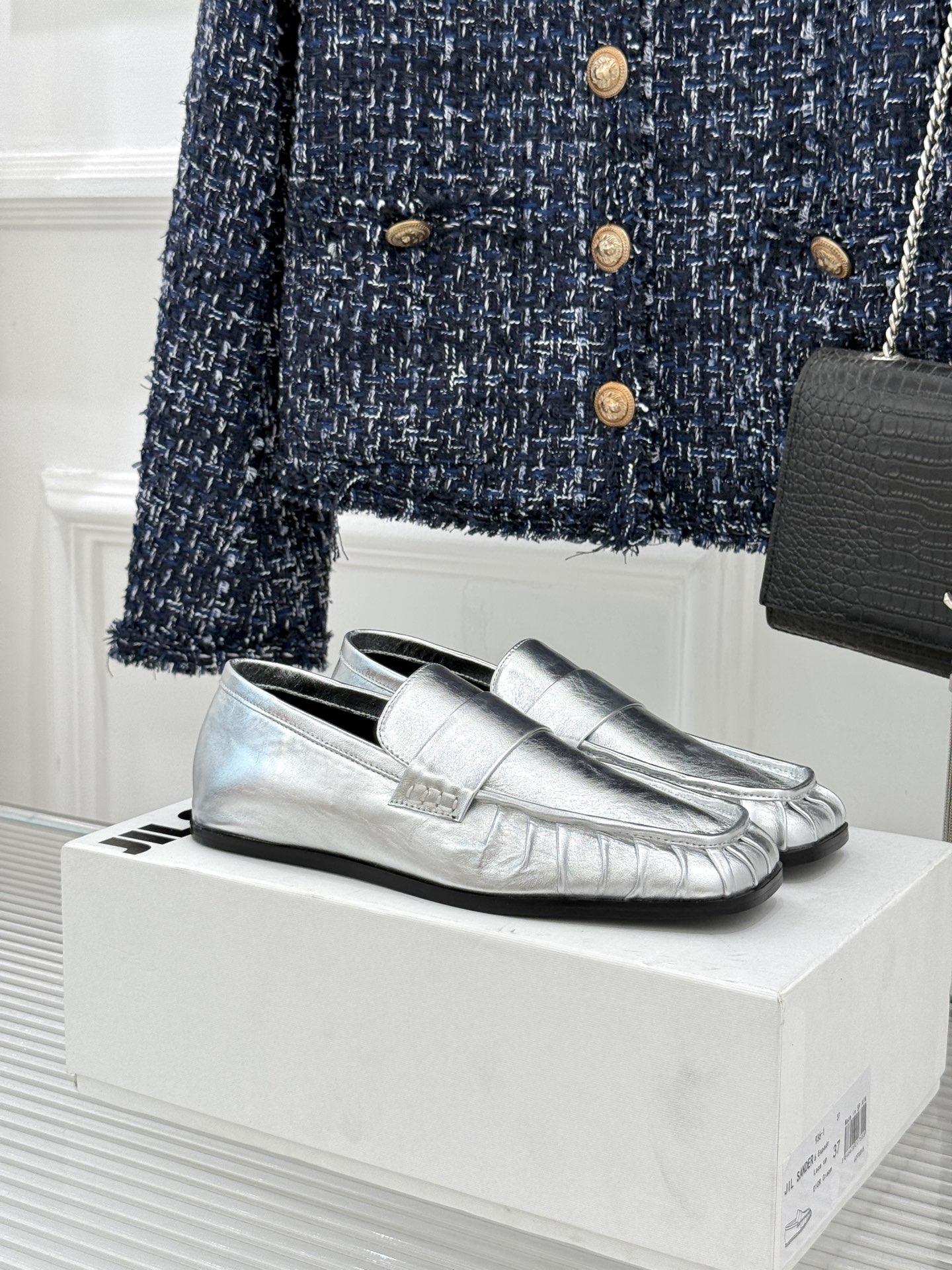 Jil Sander/吉尔桑达极 26WF新品老钱风方头复古褶皱一脚蹬乐福鞋老钱风方头褶皱乐福鞋复古褶皱