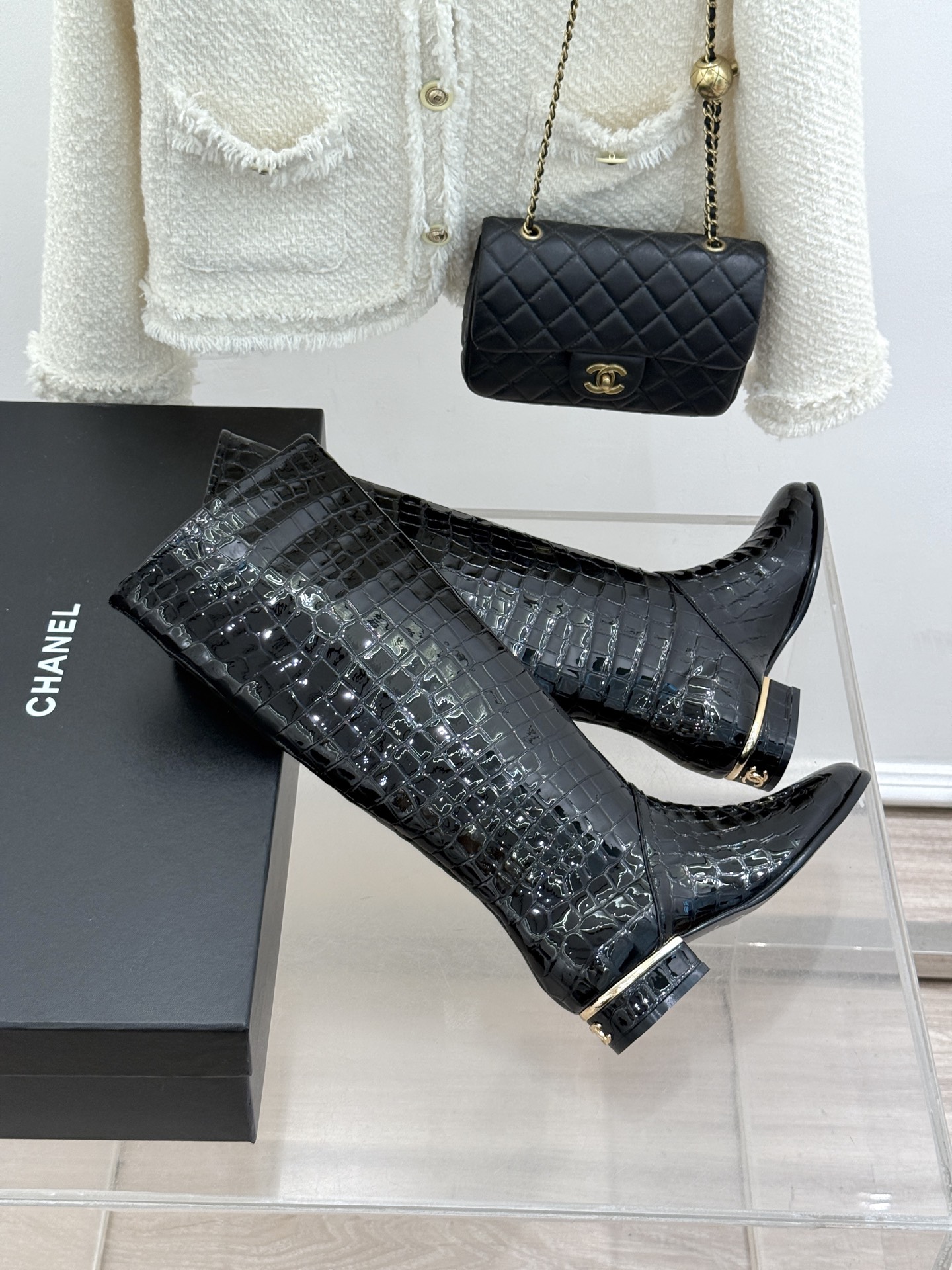CHANE*｜小香26S新品鳄鱼压纹高筒靴长靴骑士靴小香26S骑士靴太绝鳄鱼压纹漆皮质感拉满高筒版型利落