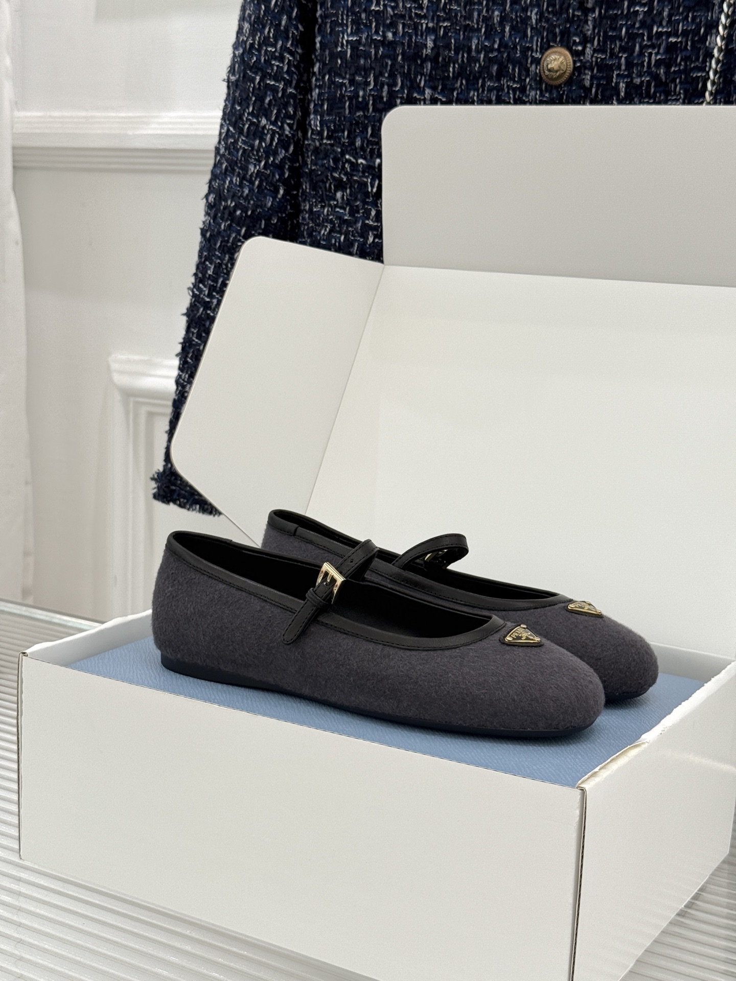 Prada Mary Jane Flat Gray Ankle Strap