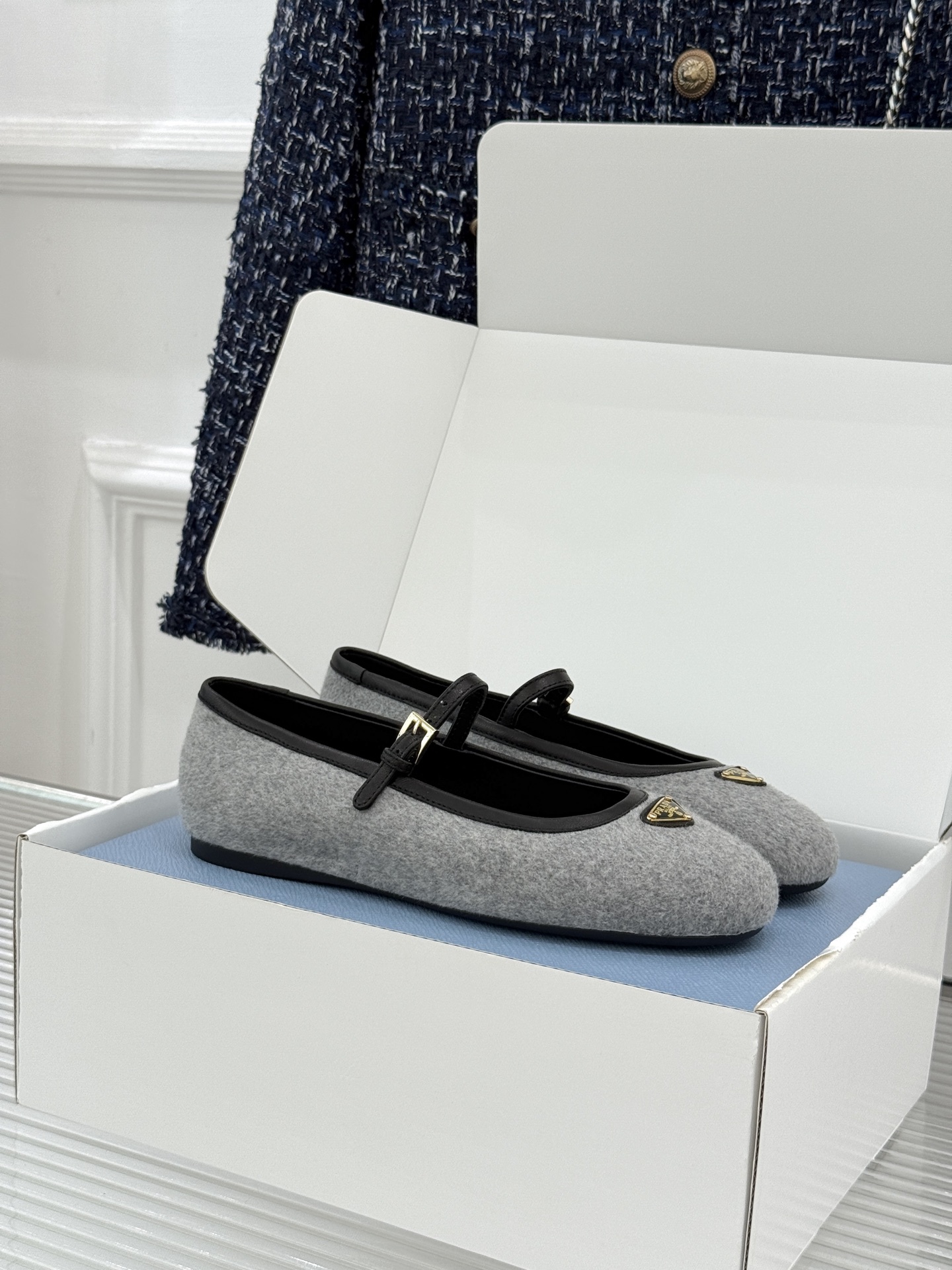 Prada Mary Jane Shoes Gray Flat Single Strap