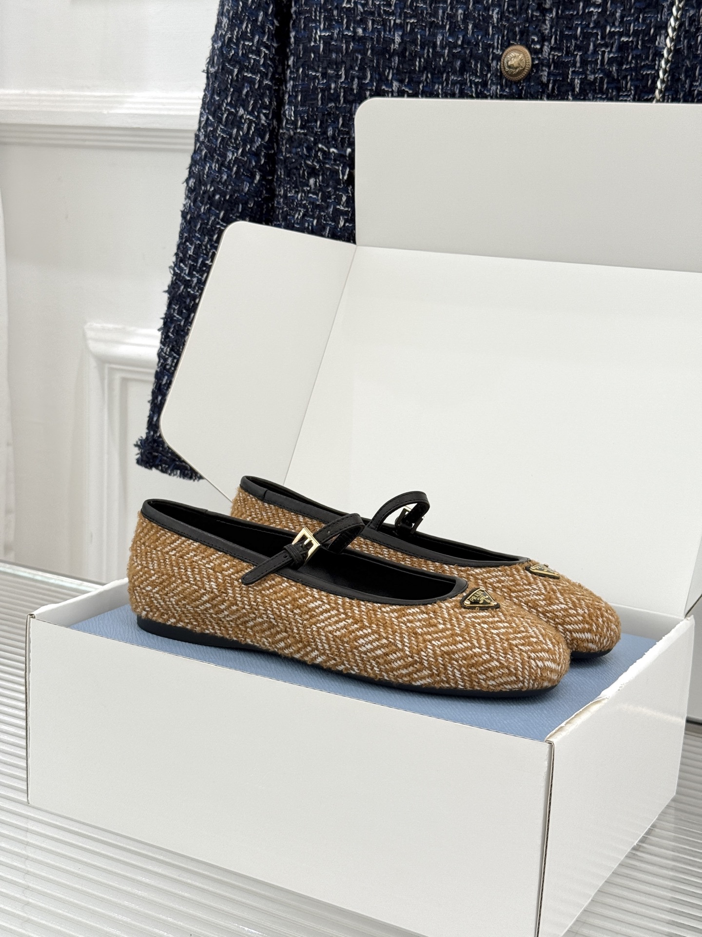 Prada Mary Jane shoes tweed flat single strap