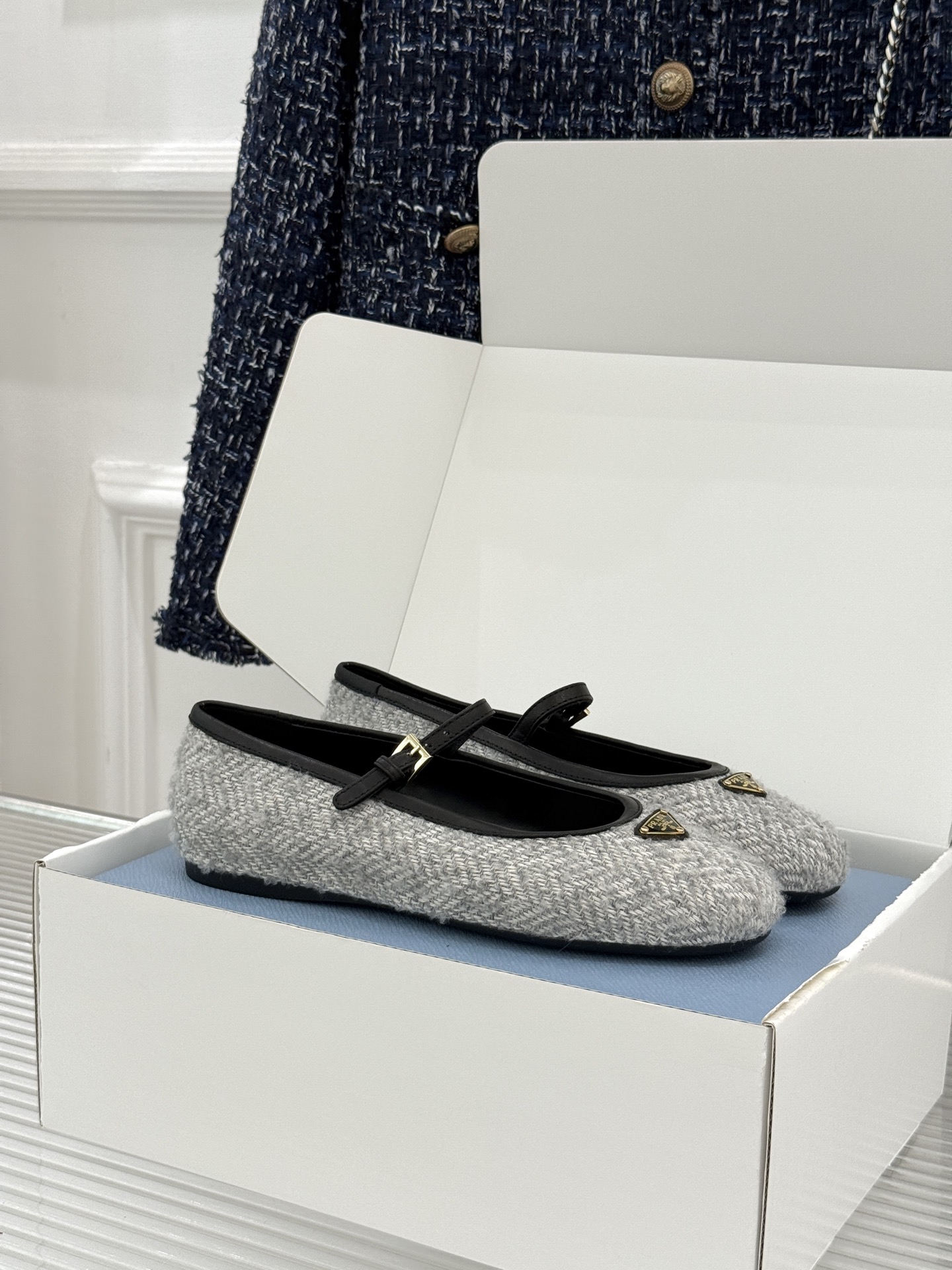 Prada Mary Jane shoes tweed flat single strap