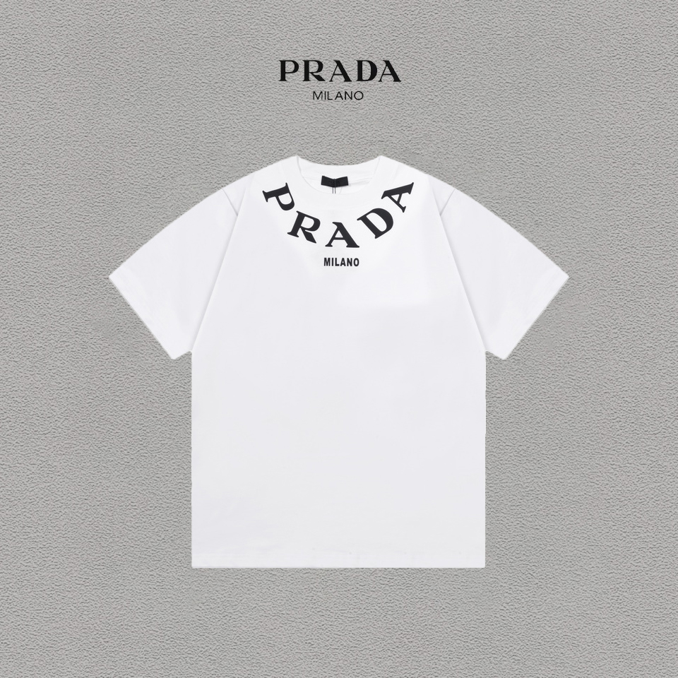 @85 Prada/Prada Logotipo de silicona tridimensional Camiseta de manga corta de algodón puro, versátil y moderna, para h…