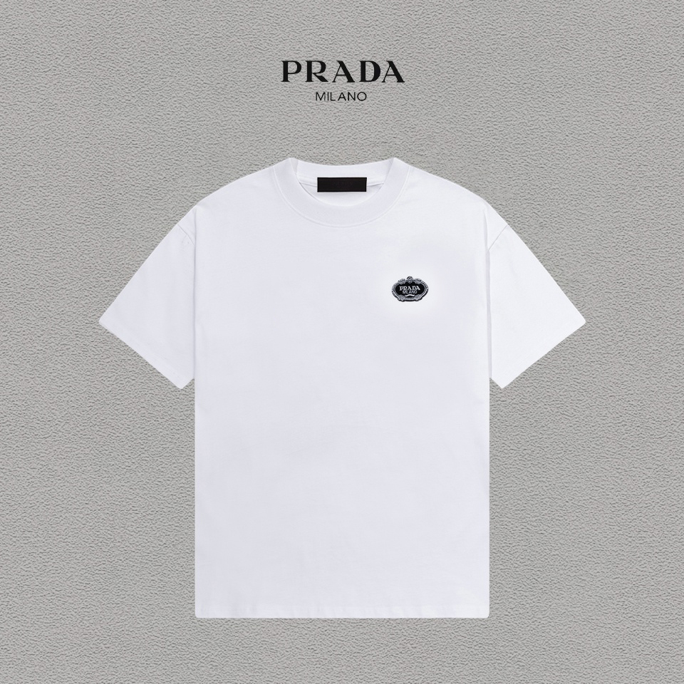 @85 Prada/Prada flocado capítulo Camiseta de manga corta de algodón puro, versátil y moderna, para hombres y mujeres, e…