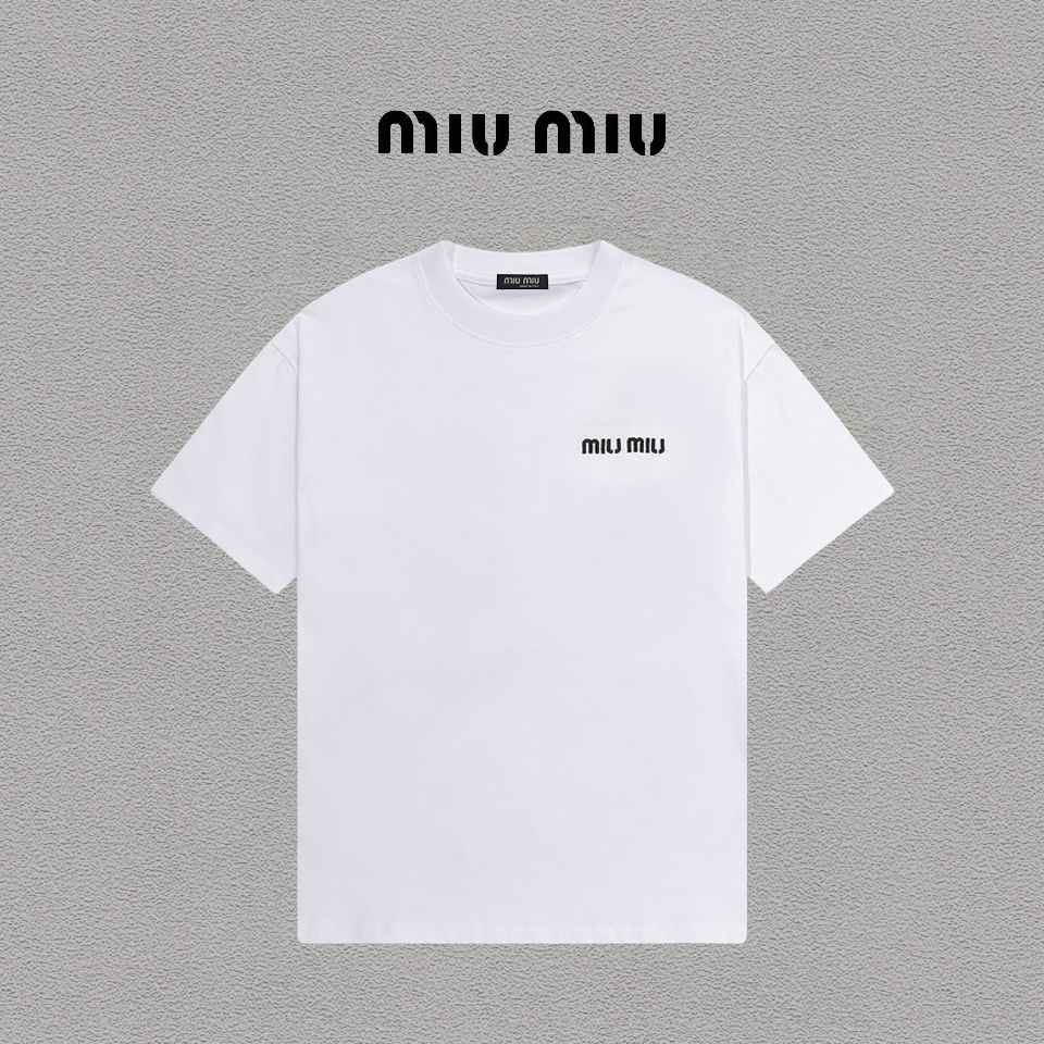 @85 Miumiu/Miu Miu Logo bordado de moda casual cuello redondo camiseta de manga corta unisex etiqueta colgante etiqueta…