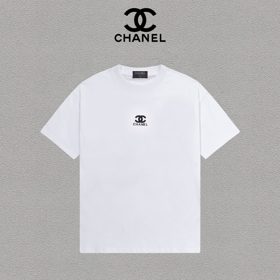 @85 Chanel/Chanel camiseta de cuello redondo de manga corta con logotipo bordado, unisex, con etiqueta colgante, etique…