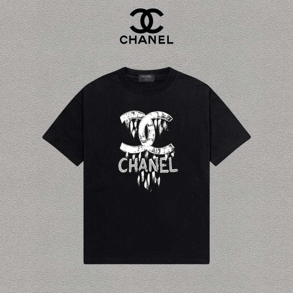 @80 Chanel/Chanel camiseta de manga corta con logo estampado, cuello redondo, versátil y moderna, unisex, con etiqueta …