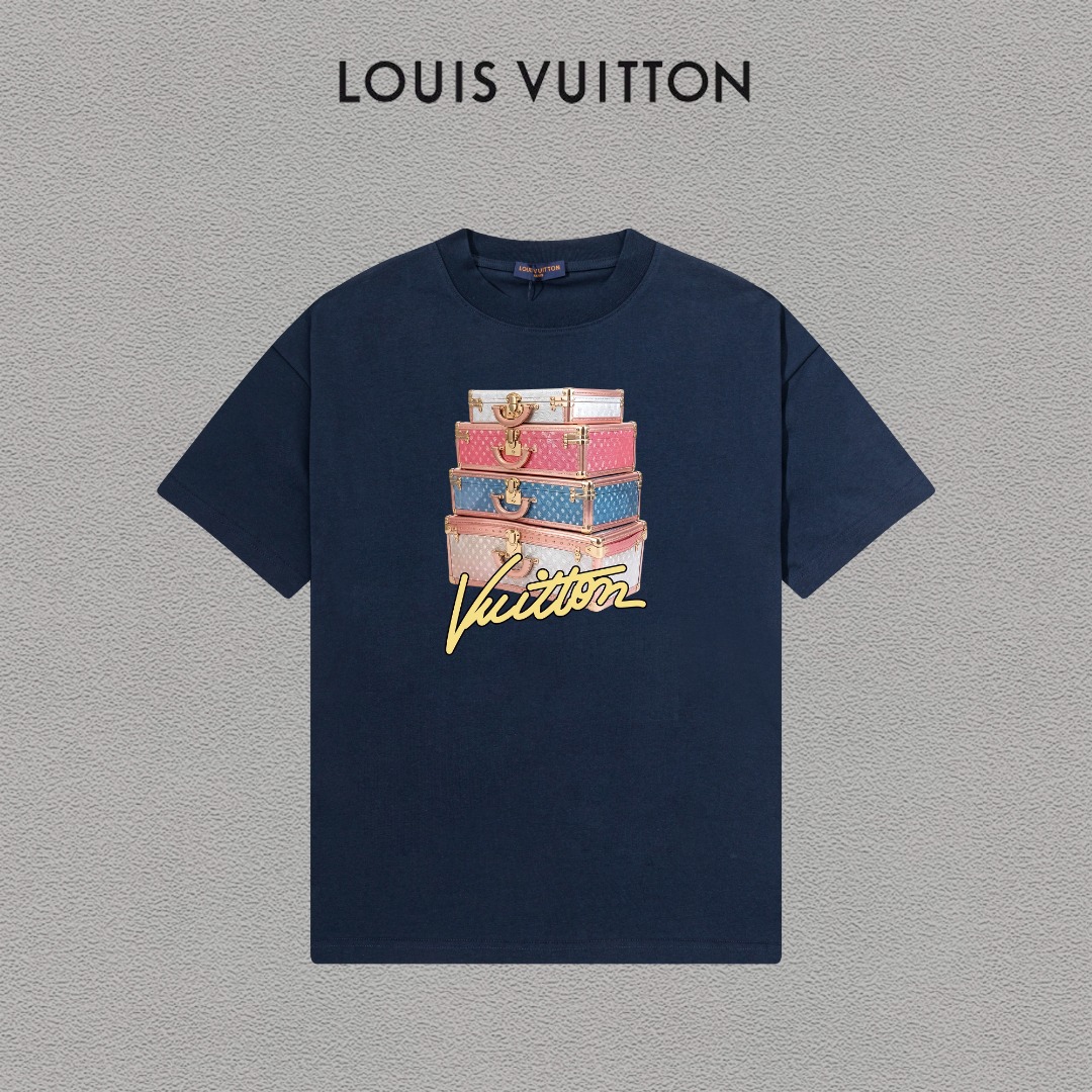 P70 LV/Louis Vuitton Camiseta de manga corta con logo estampado, básica y moderna, unisex, con etiqueta colgante, etiqu…