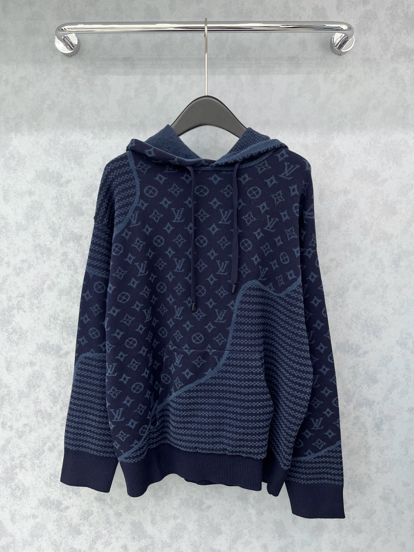 Louis Vuitton 2025 Blue Jacquard Knit Hoodie, Soft & Comfortable