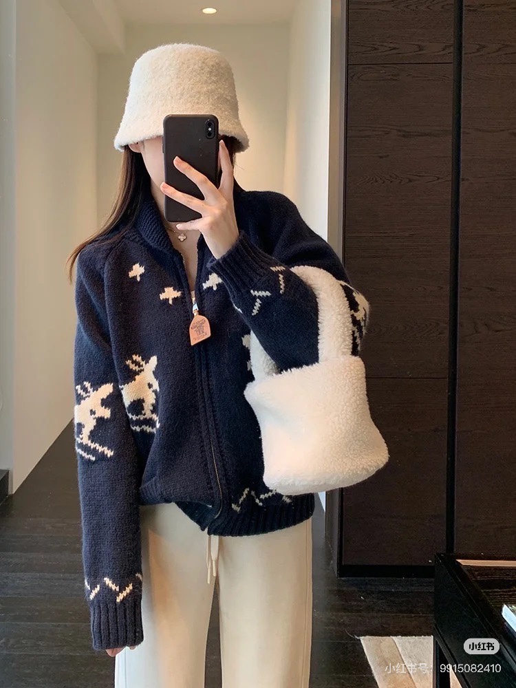 Louis Vuitton Inspired Women's Knitted Cardigan with Reindeer Design