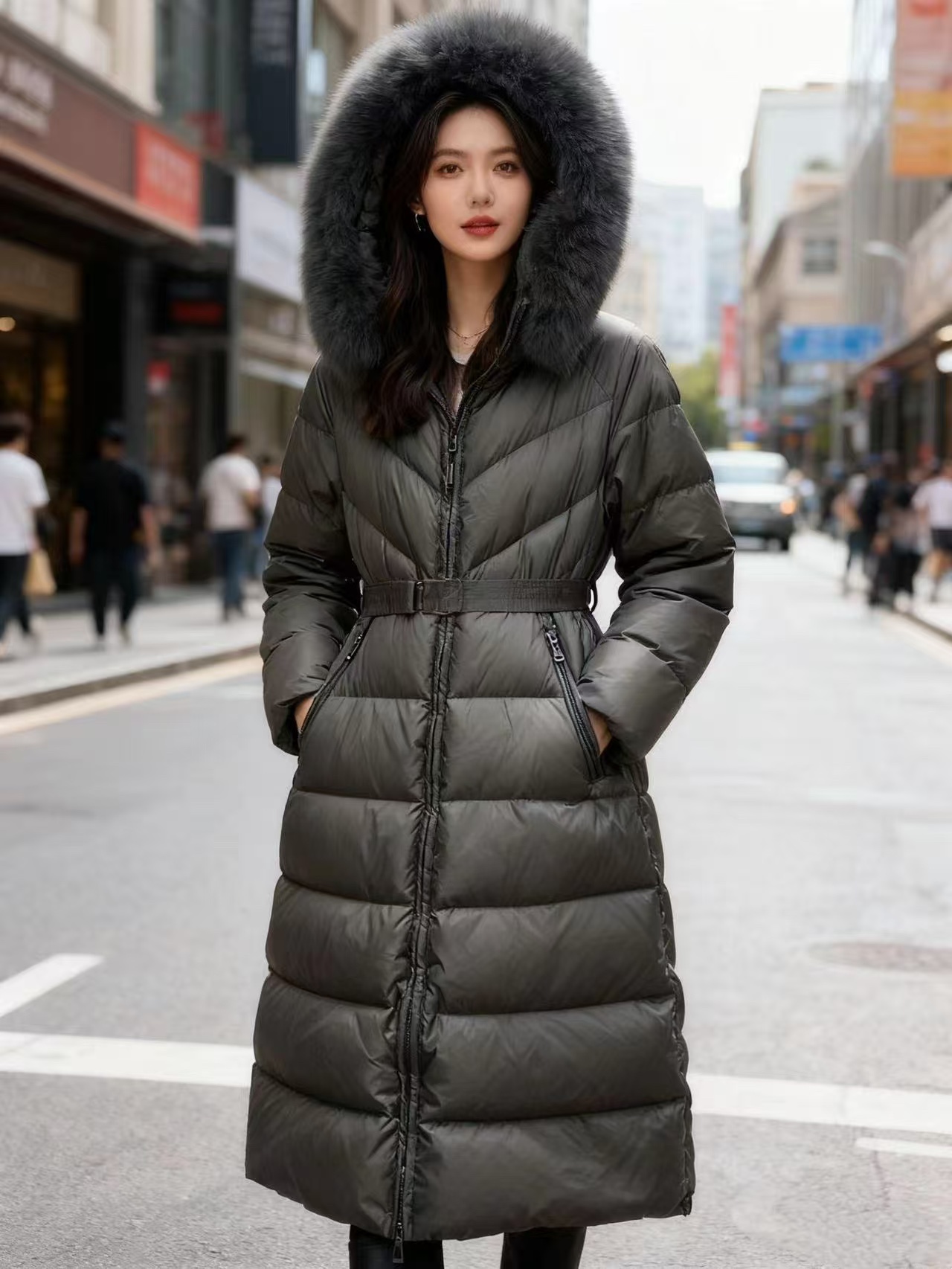Moncler Women's Fox Fur Collar Down Puffer Coat Long Quilted Jacket