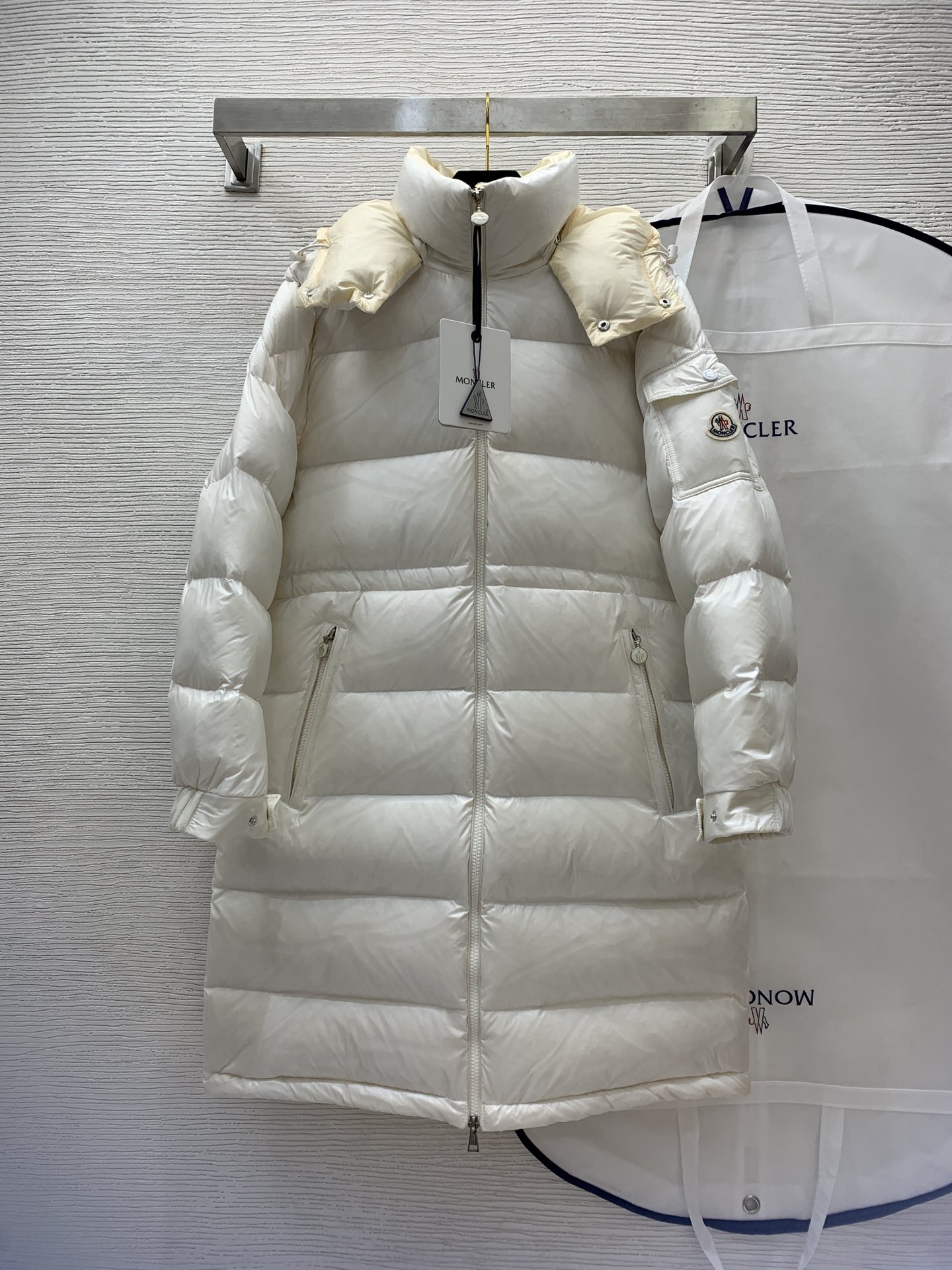 Moncler Women's White Down Puffer Coat Mid-Length Removable Hood