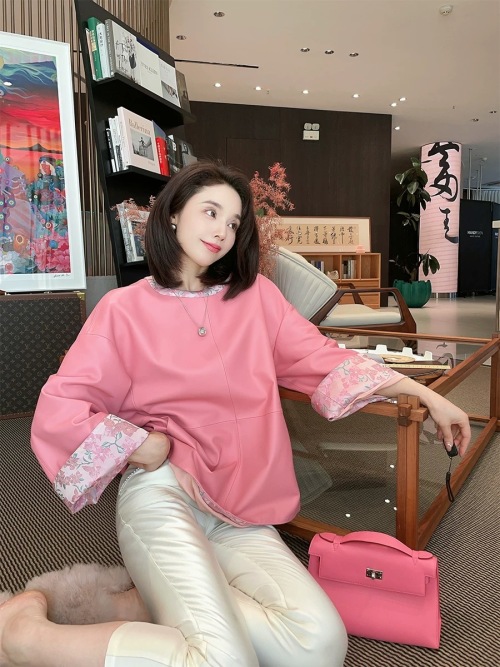 Elegant Silk Brocade & Lambskin Leather Jacket - Pink, Sizes S to XL 1 Elegant Silk Brocade & Lambskin Leather Jacket - Pink, Sizes S to XL