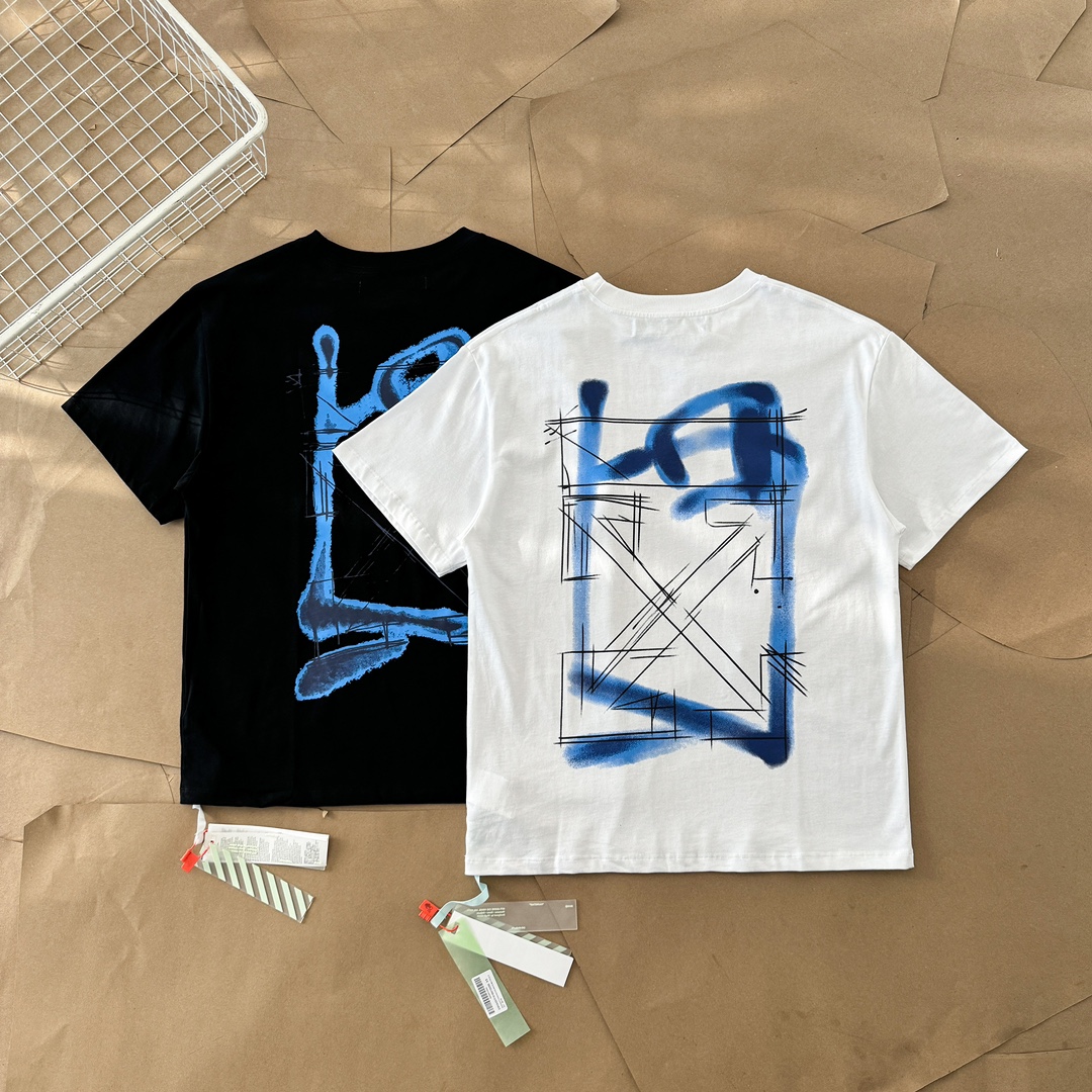 Off-White Kleding T-Shirt Zwart Blauw Doodle Wit Afdrukken Katoen Lente/Zomercollectie Korte mouw