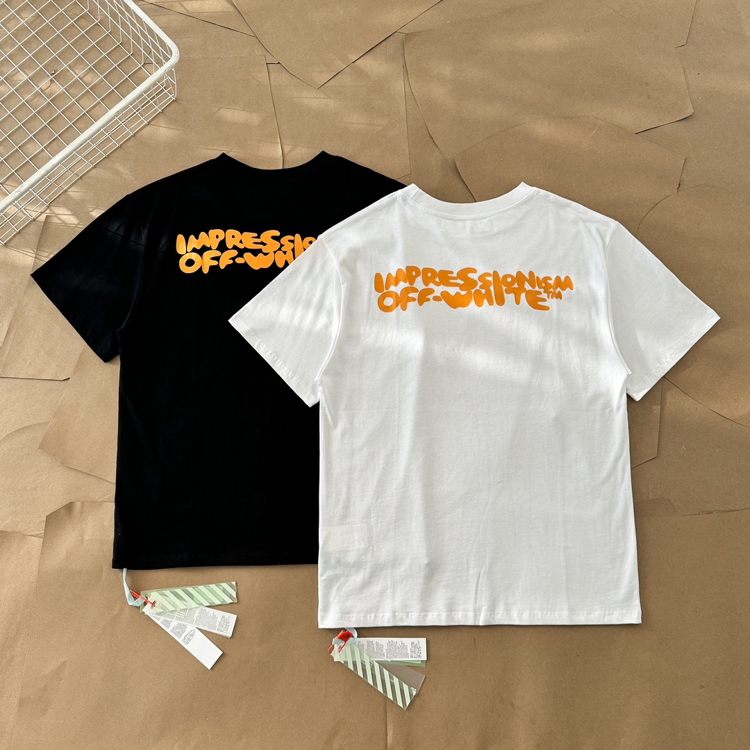 Off-White Kleding T-Shirt Zwart Oranje Wit Afdrukken Katoen Lente/Zomercollectie Korte mouw