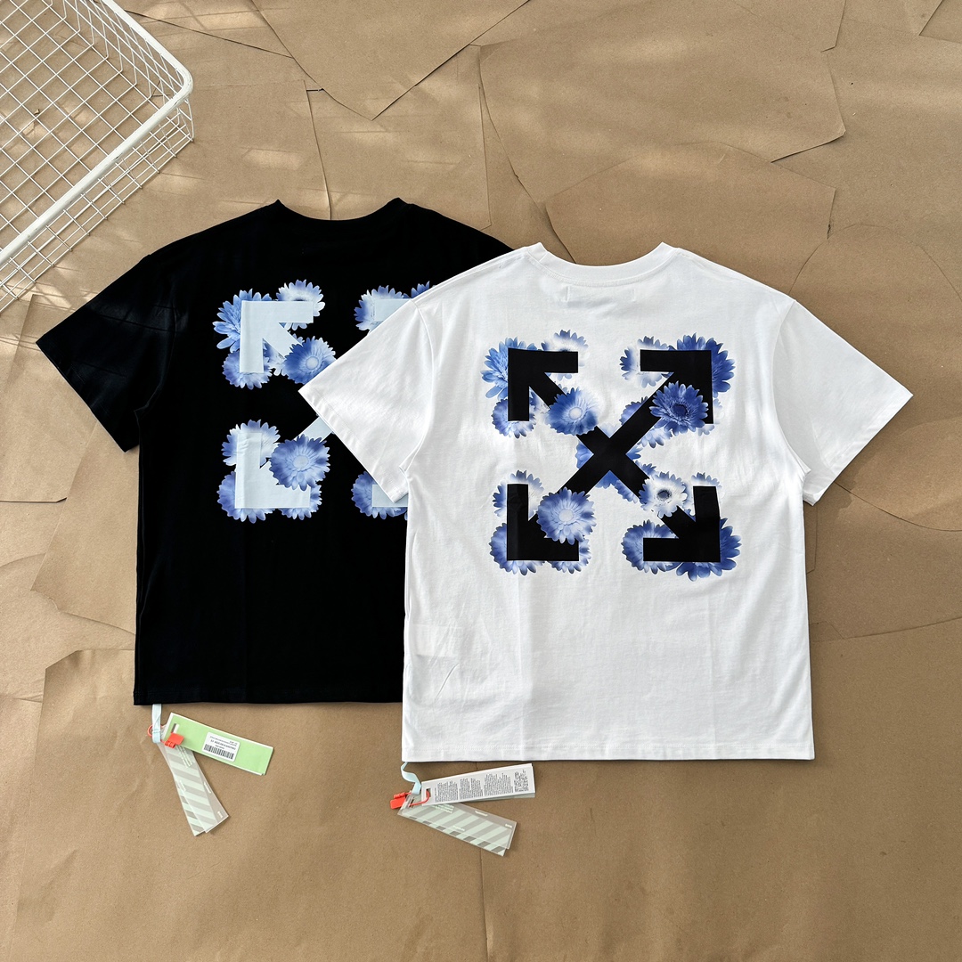 Off-White Mode
 Kleding T-Shirt Zwart Blauw Wit Afdrukken Katoen Lente/Zomercollectie Korte mouw