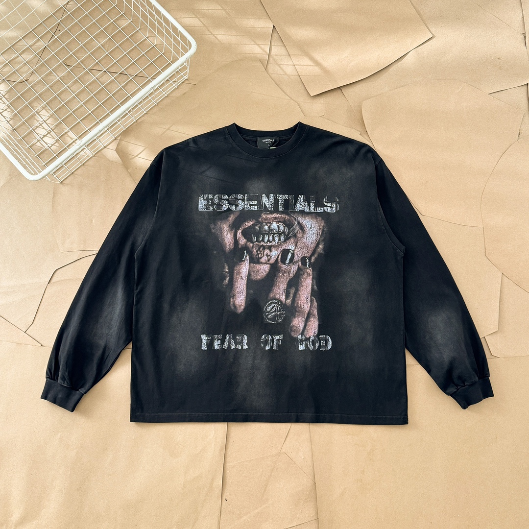 Fear of God Essentials Vintage Black Long Sleeve T-Shirt with Graphic Print