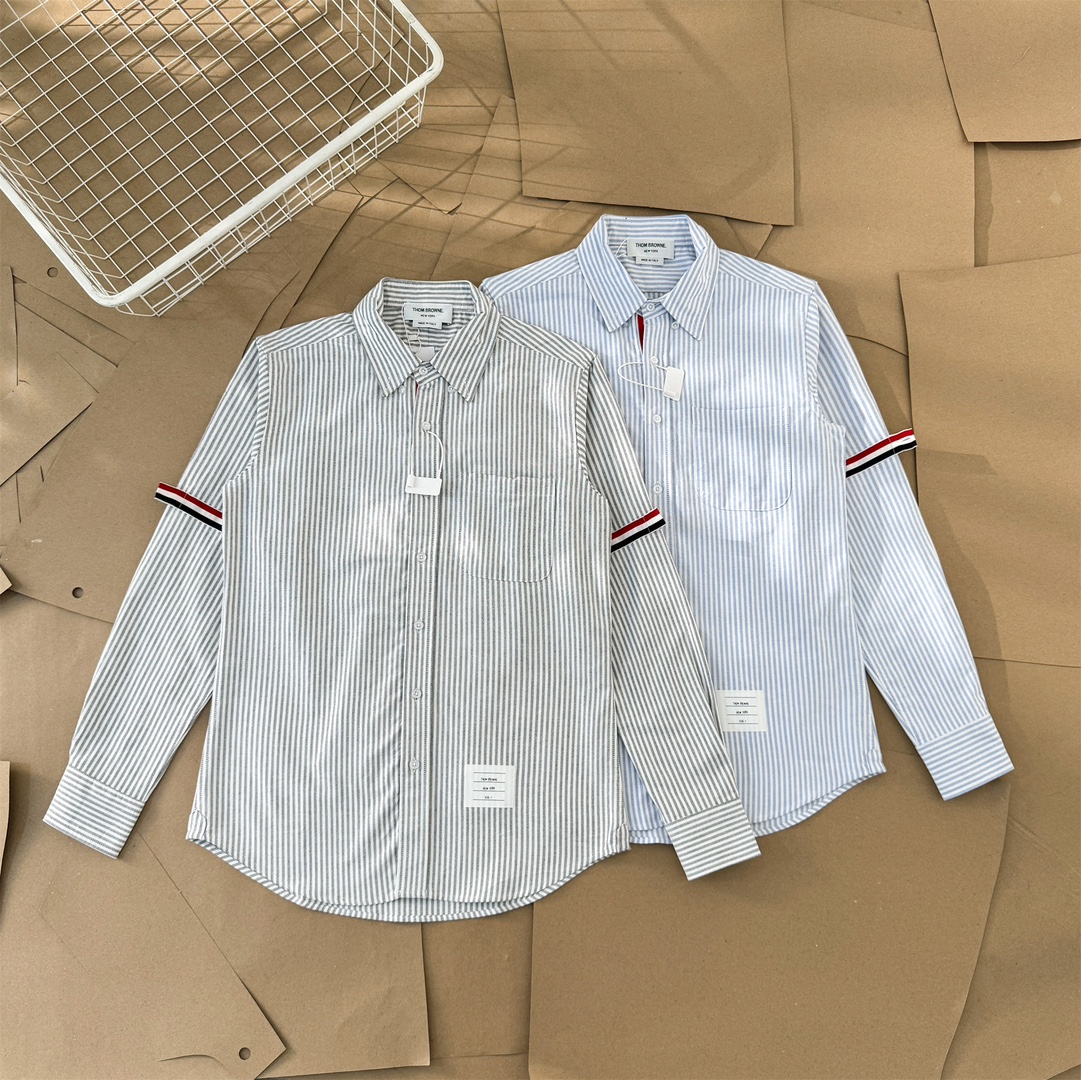 Thom Browne Striped Oxford Shirt with Signature Armbands, Long Sleeve