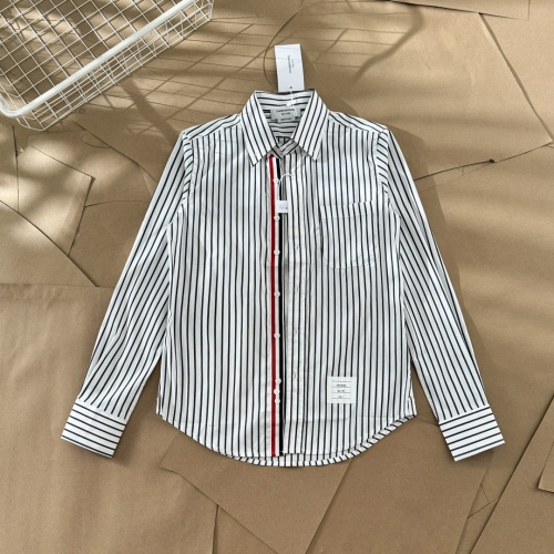 Thom Browne Striped Oxford Long Sleeve Shirt With Tricolor Grosgrain Placket 1 Thom Browne Striped Oxford Long Sleeve Shirt With Tricolor Grosgrain Placket