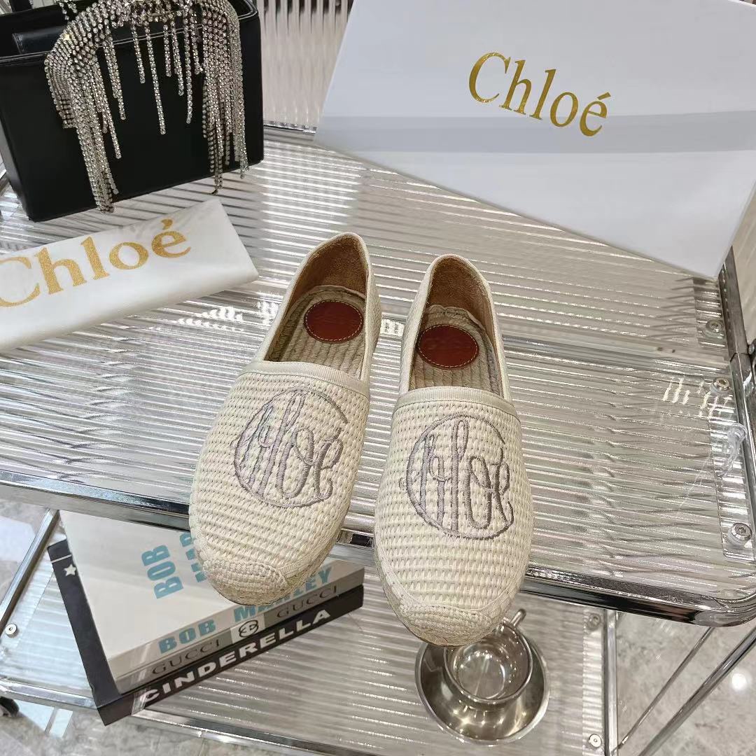 Chloe Schuhe Espadrilles Aprikosenfarbe Weiß Stickerei Rindsleder Stroh gewebt Fashion