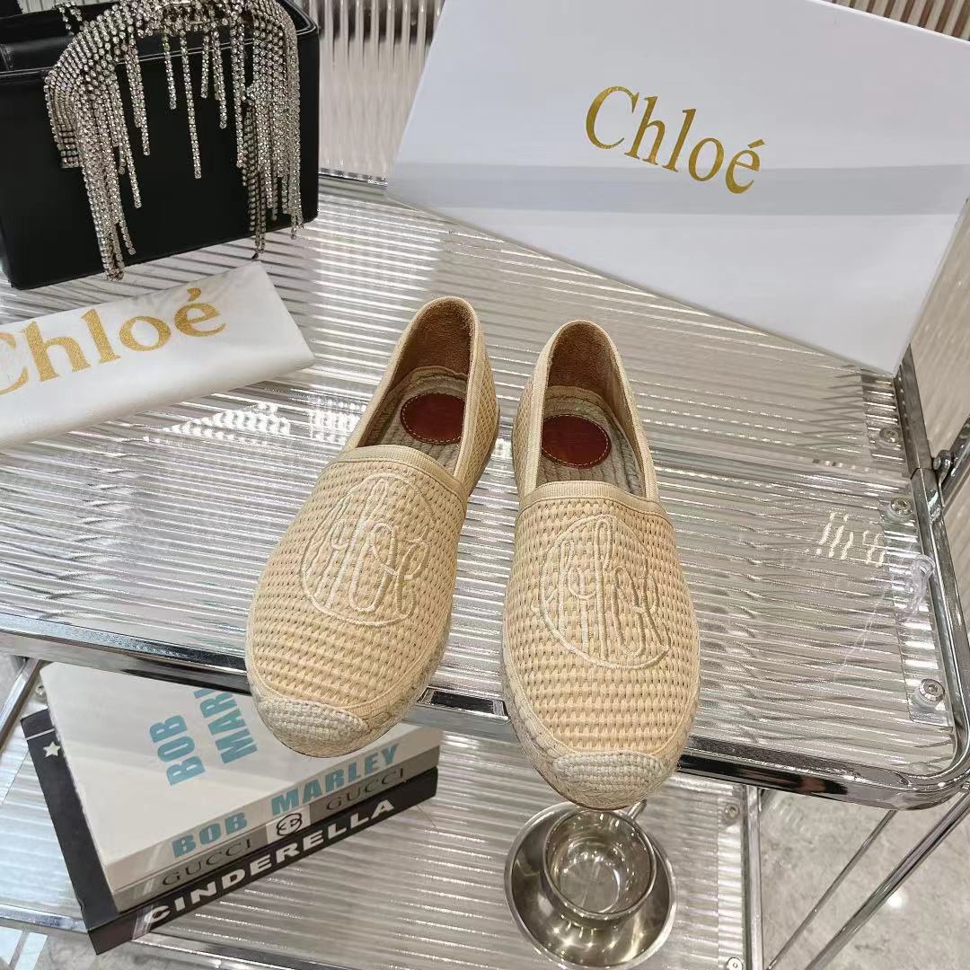 Chloe Schuhe Espadrilles Aprikosenfarbe Weiß Stickerei Rindsleder Stroh gewebt Fashion