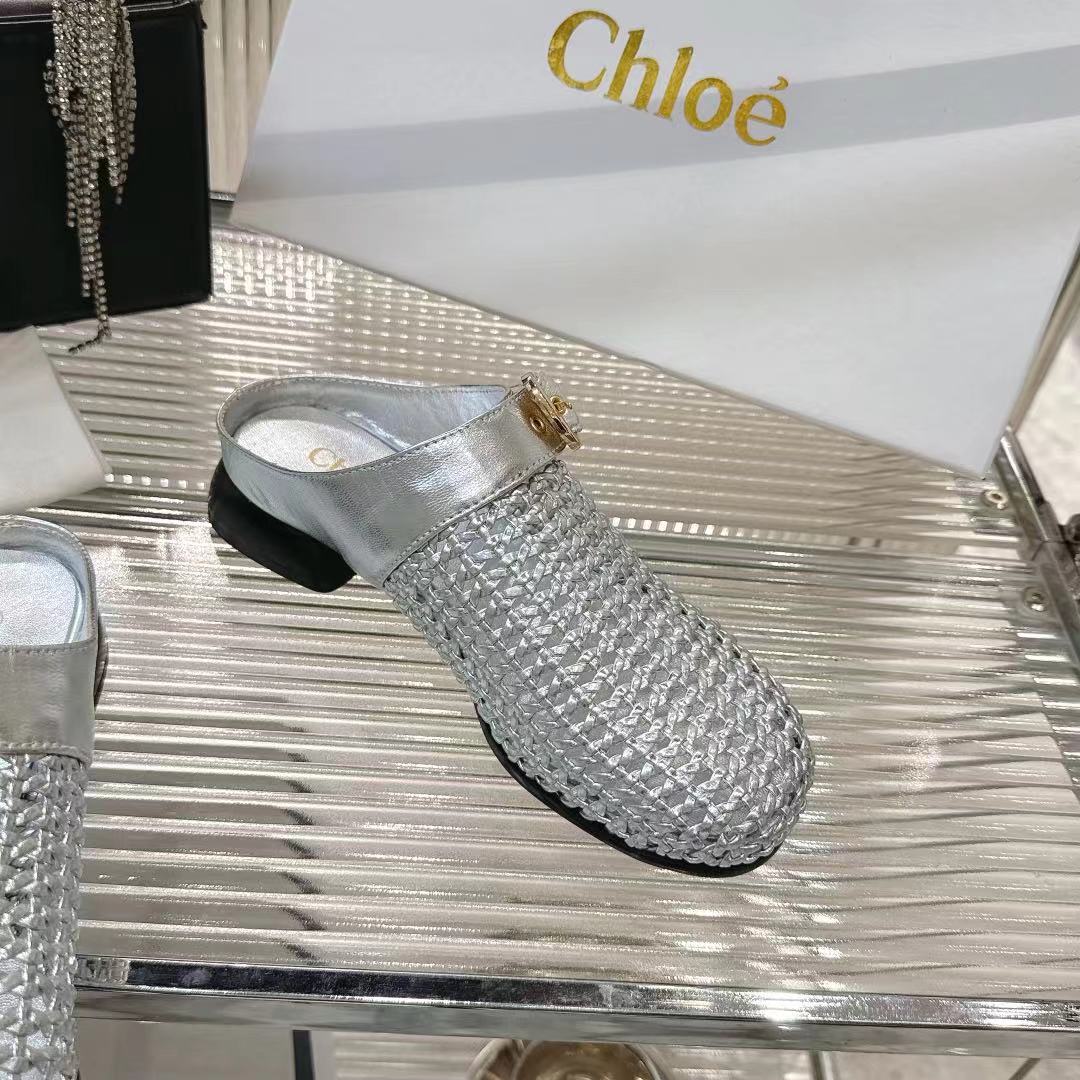 Chloé Women's Woven Fabric Heeled Mules Sandals Silver, Stylish & Comfortable 7 i1742411105501 3868 0 5