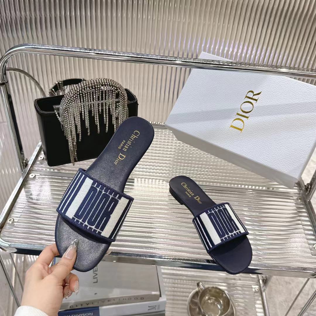 Dior Miss Dior Embroidered Cotton Slides - Blue/White, Size 35-39