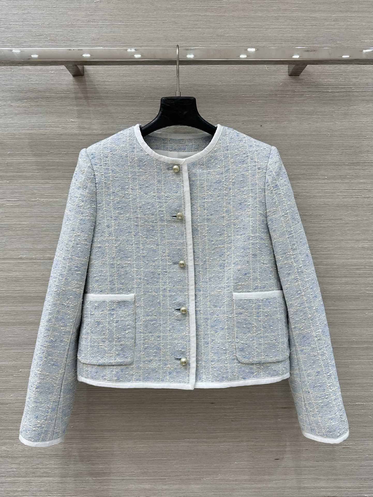 Miss D Ice Blue Tweed Jacket with Braided Trim and CD Button Details