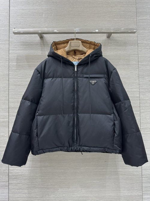 Prada Hooded Down Jacket, Nylon Blend, H-Line Bread Shape, Triangle Logo 1 Prada Hooded Down Jacket, Nylon Blend, H-Line Bread Shape, Triangle Logo